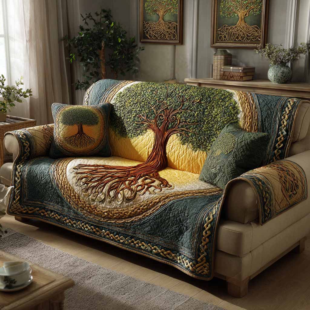 Golden Canopy Quilted Sofa Cover Couch Covers Tree Of Life Gift Items - Tradiviet