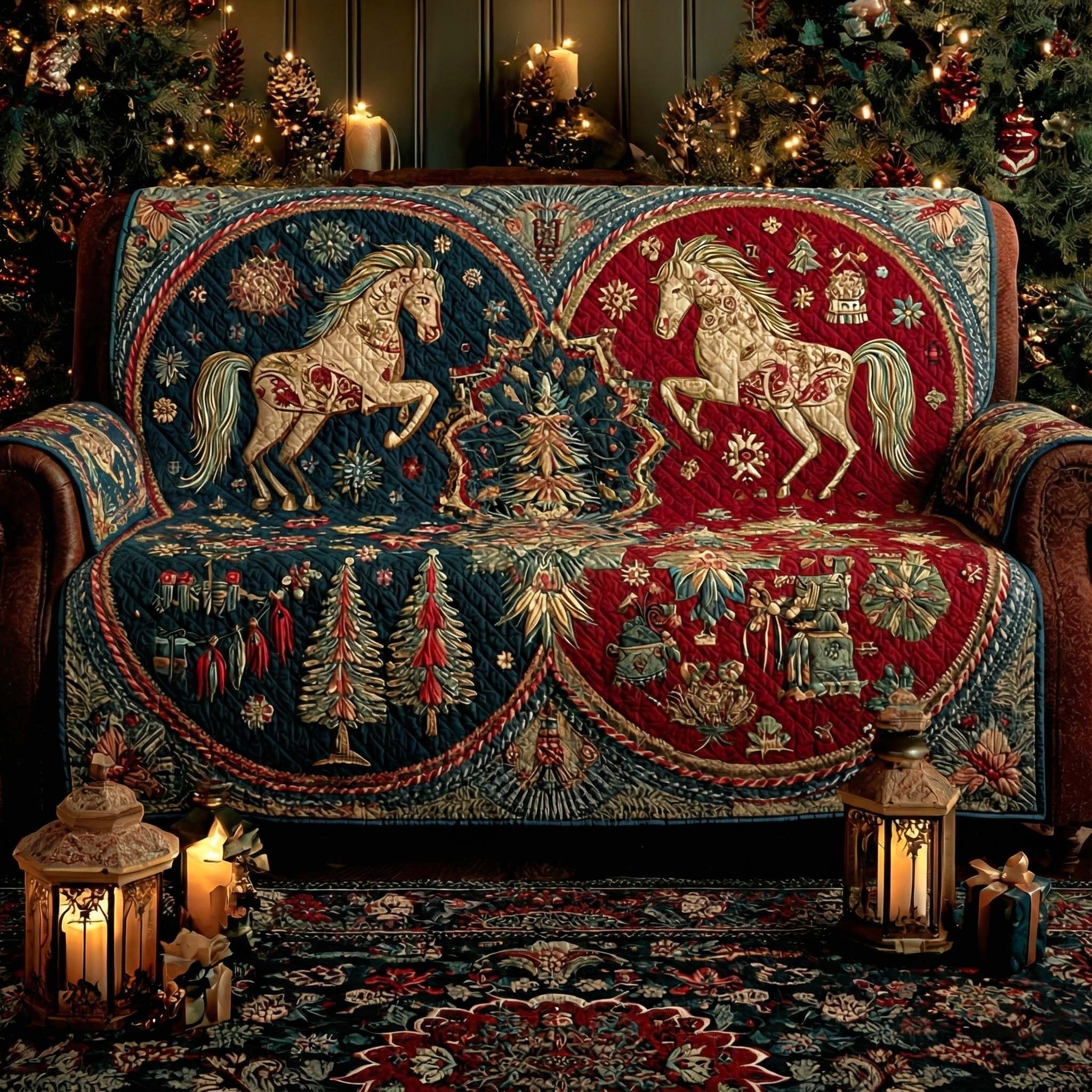 Golden Carousel Christmas Quilted Sofa Cover Christmas Couch Cover Gifts For Horsey Ladies - Tradiviet