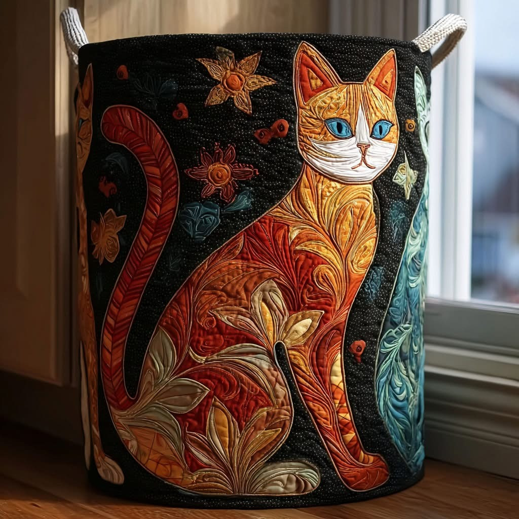 Golden Cat Quilted Laundry Basket Boho Storage Basket Gifts Idea For Cat Lovers - Tradiviet