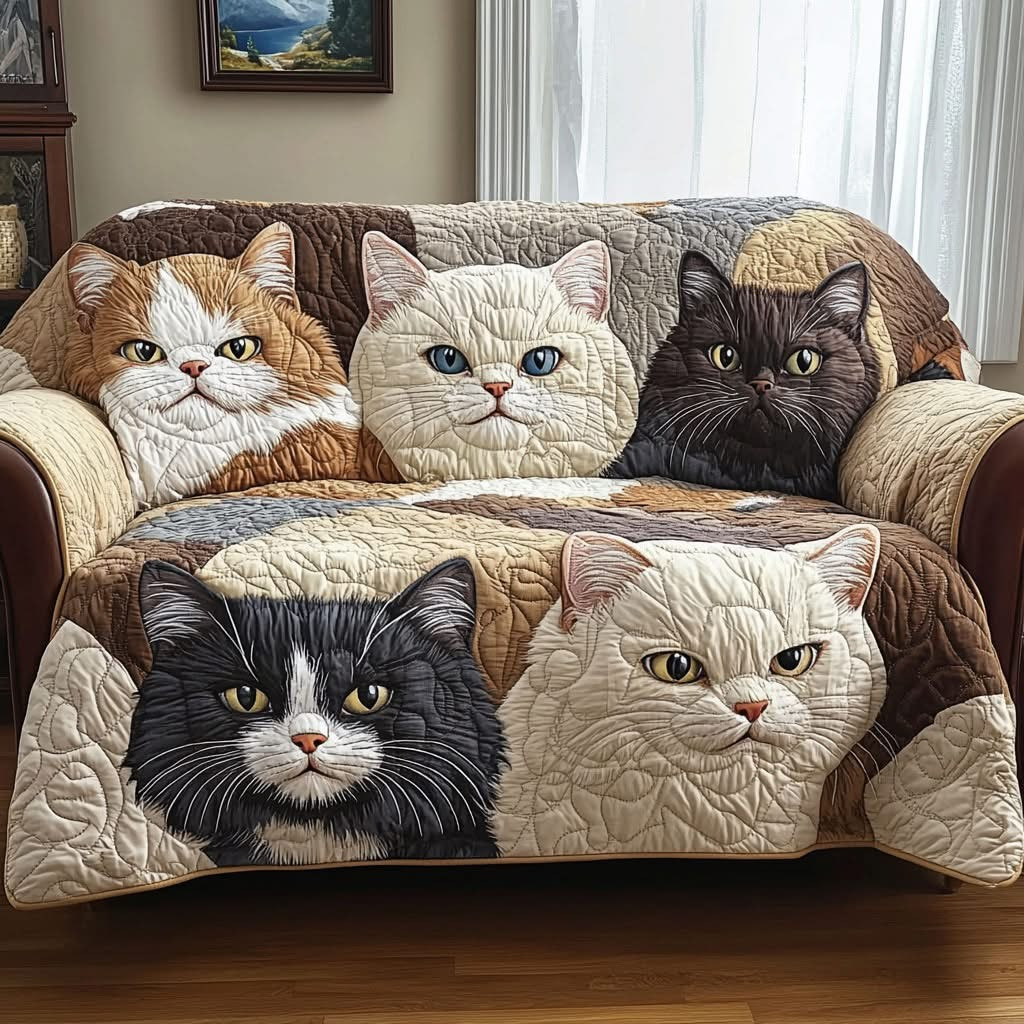 Golden Cat Quilted Sofa Cover Cute Cat Couch Covers Merchandise Best Gifts For Pet Lovers - Tradiviet