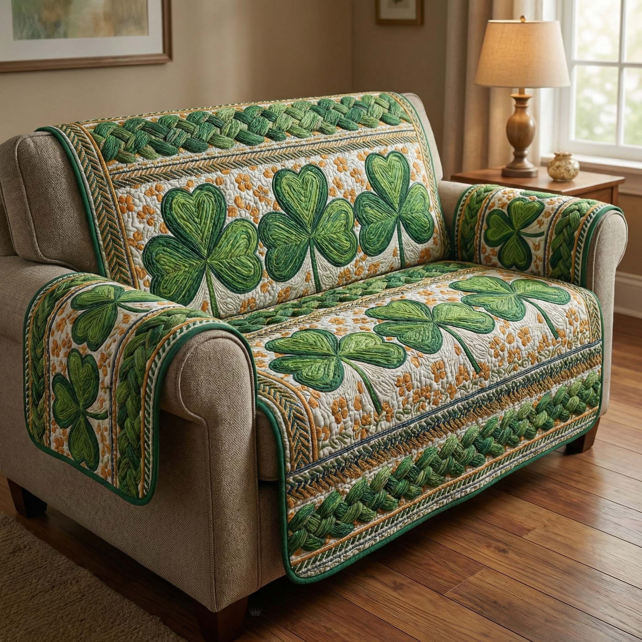 Golden Clover Quilted Sofa Cover Irish Home Couch Cover Trendy Room Decor Gifts - Tradiviet