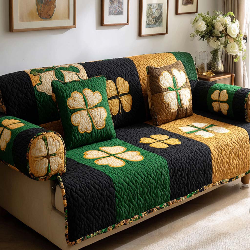 Golden Clover Quilted Sofa Cover Rustic Home Room Decor Gift For Living Room - Tradiviet