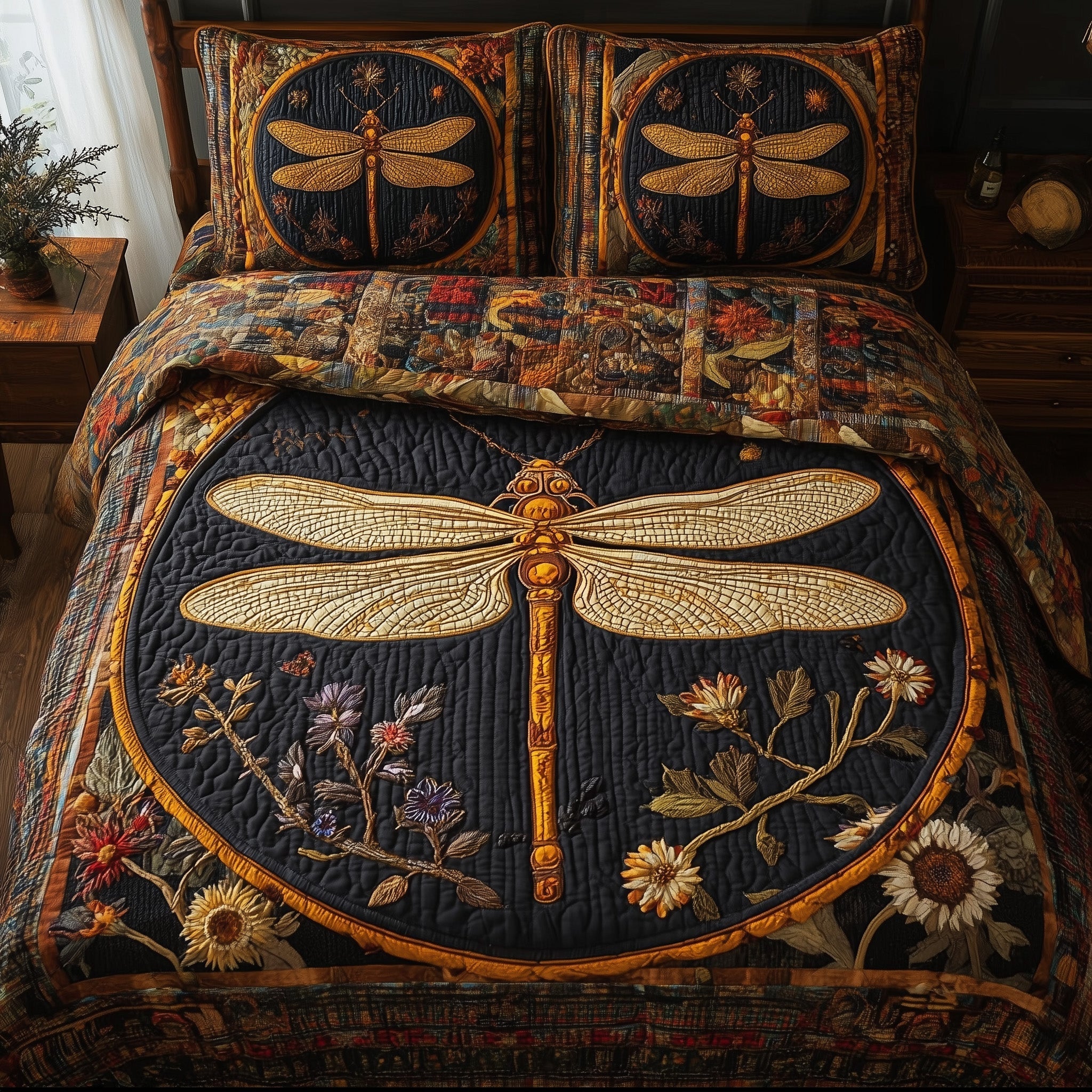 Golden dragonfly Quilted Bedding Set Golden Dragonfly Classic Gift For Golden Mom - Tradiviet