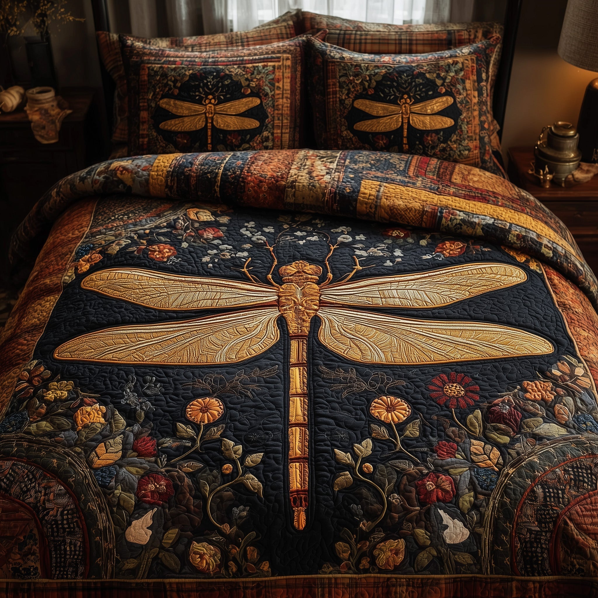 Golden Dragonfly Quilted Bedding Set Golden Dragonfly Freedom Gift For Golden Dragonfly - Tradiviet