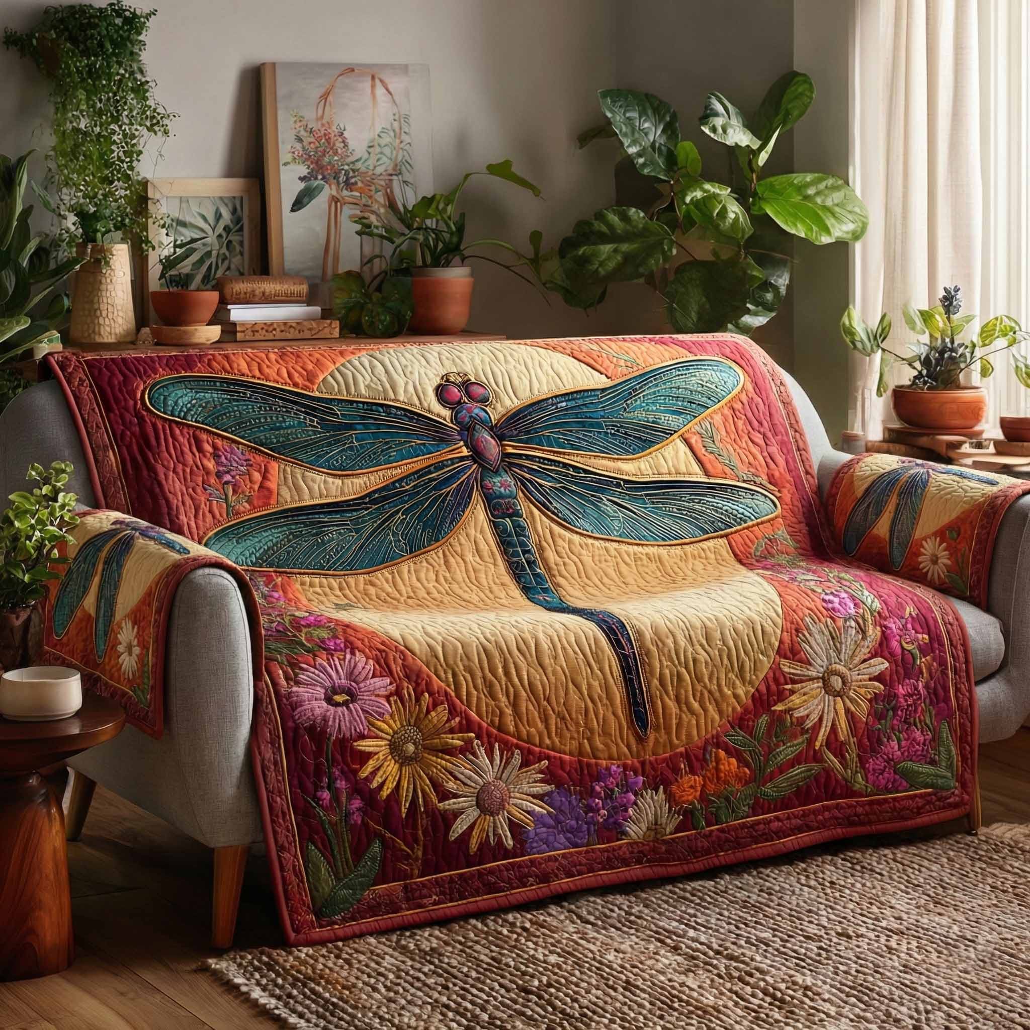 Golden Dragonfly Quilted Sofa Cover Nice Couch Covers Birthday Presents For Dragonfly Lovers - Tradiviet