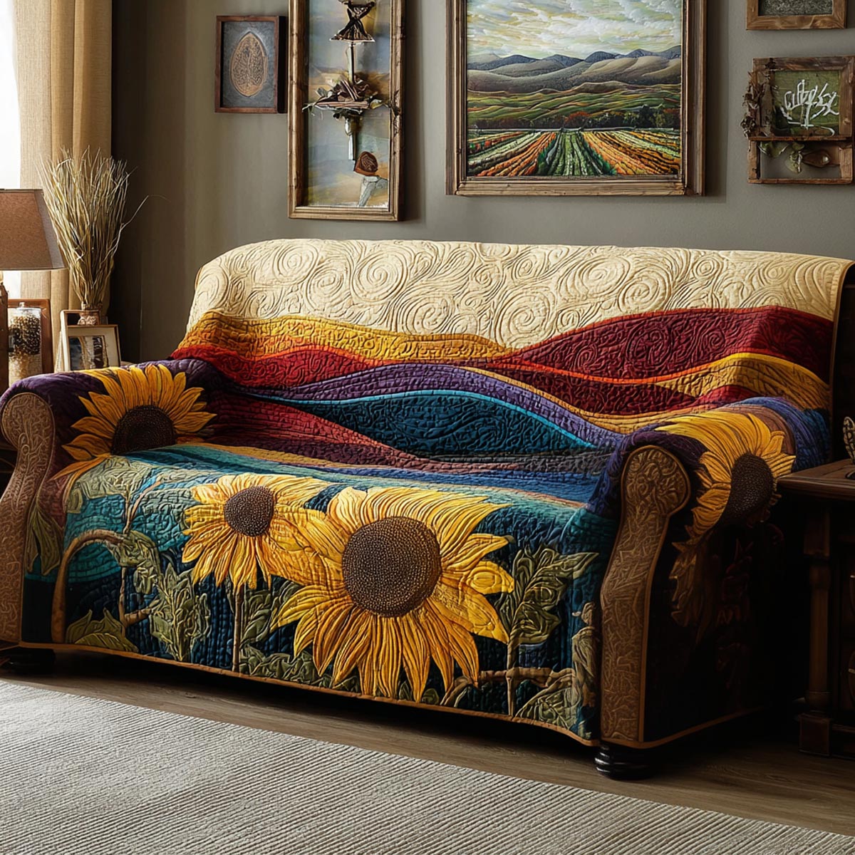 Golden Garden Quilted Sofa Cover Boho Home Room Decor Unique Home Decor Finds - Tradiviet