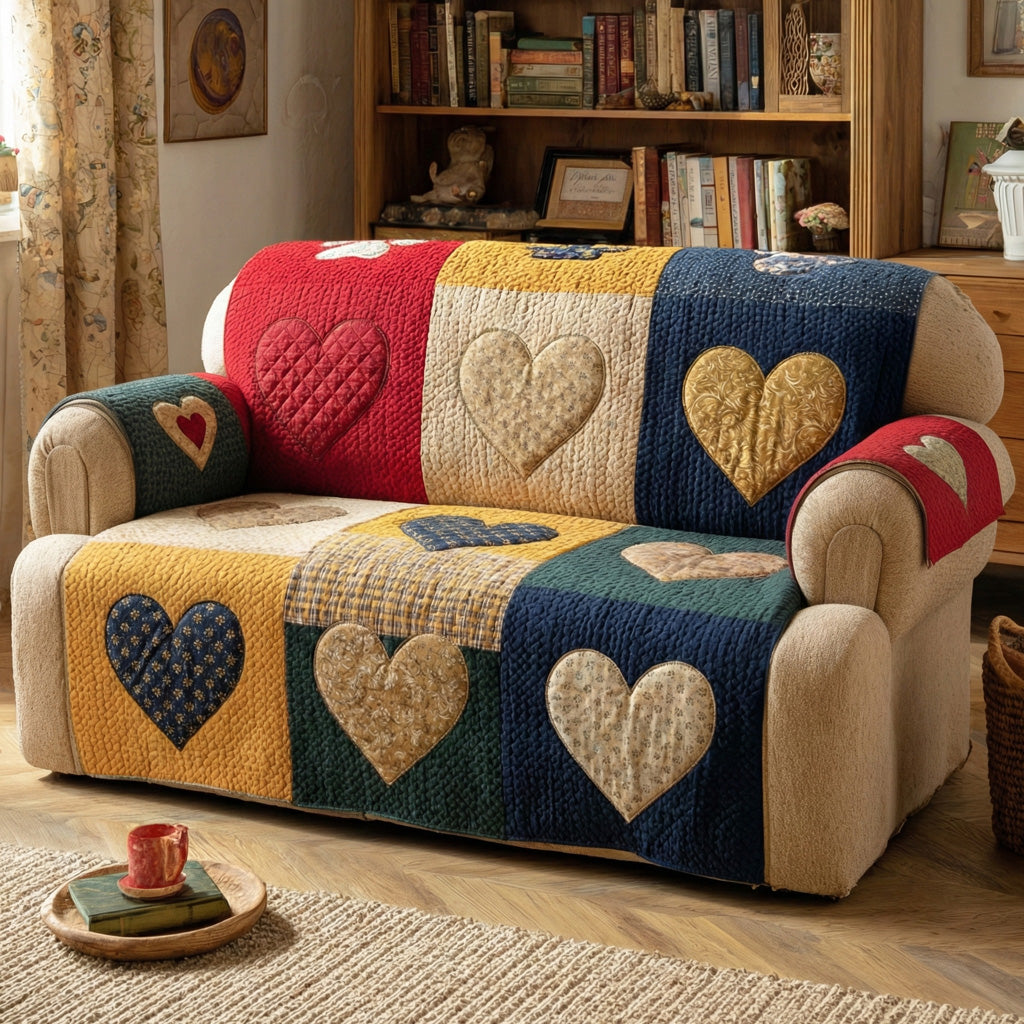 Golden Hearts Quilted Sofa Cover Boho Room Decor Gift For Home Decor - Tradiviet