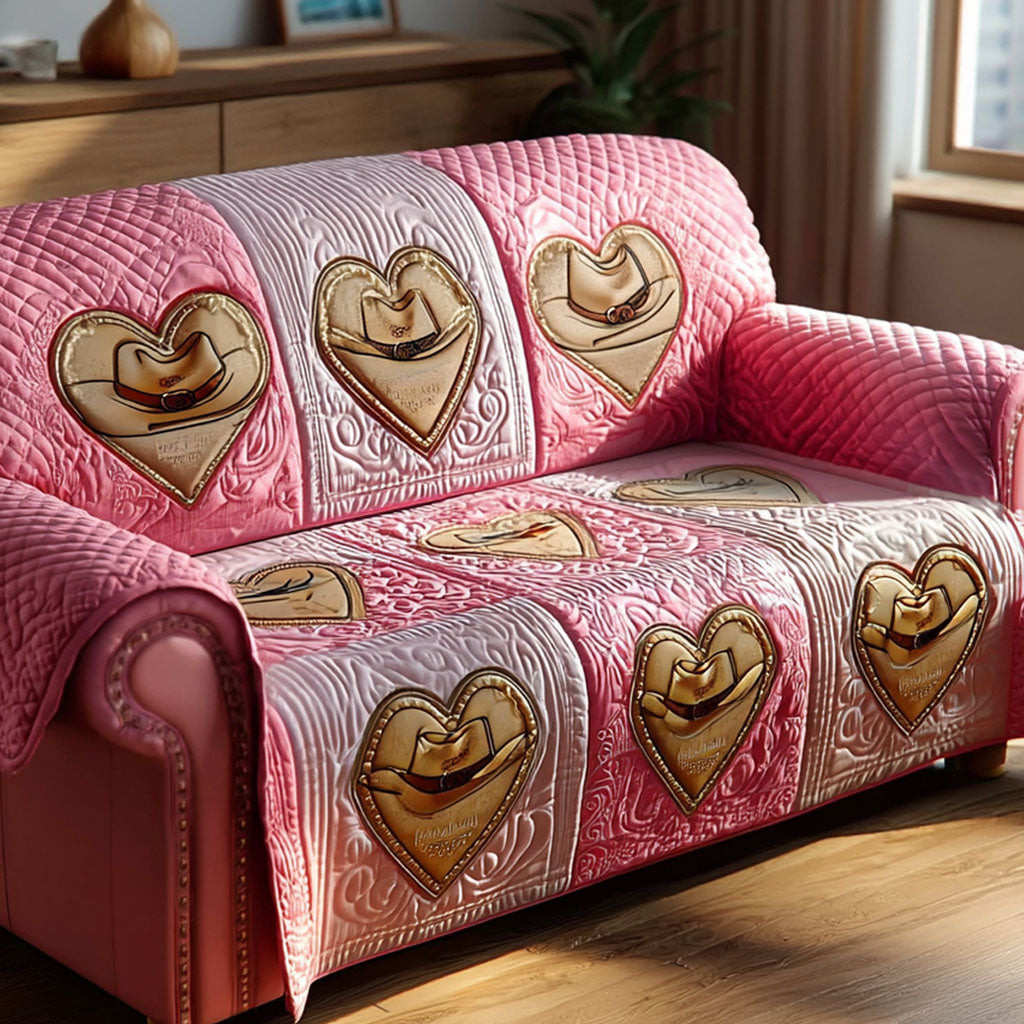 Golden Hearts Quilted Sofa Cover Furniture Couch Covers Cowboy Gifts For Her - Tradiviet