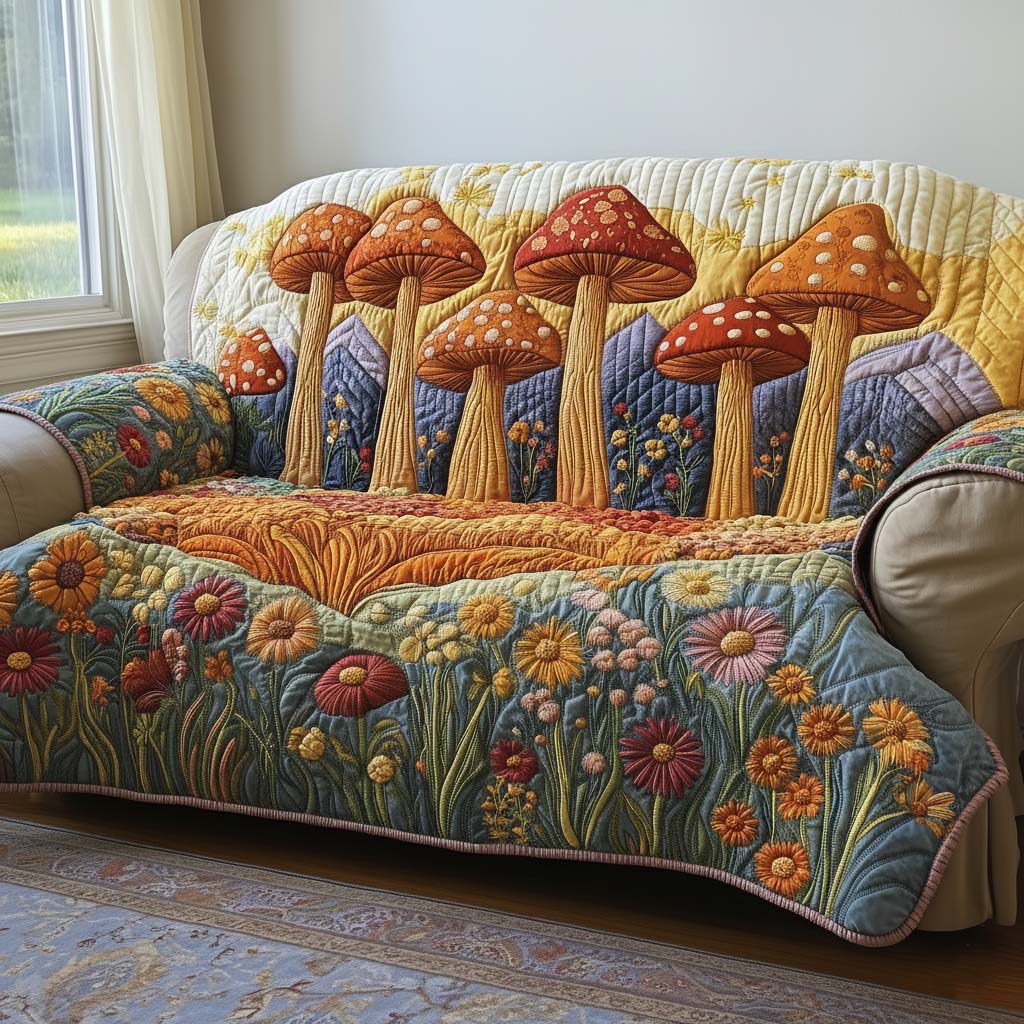 Golden Meadow Quilted Sofa Cover Floral Home Couch Cover Unique Housewarming Gift Ideas - Tradiviet