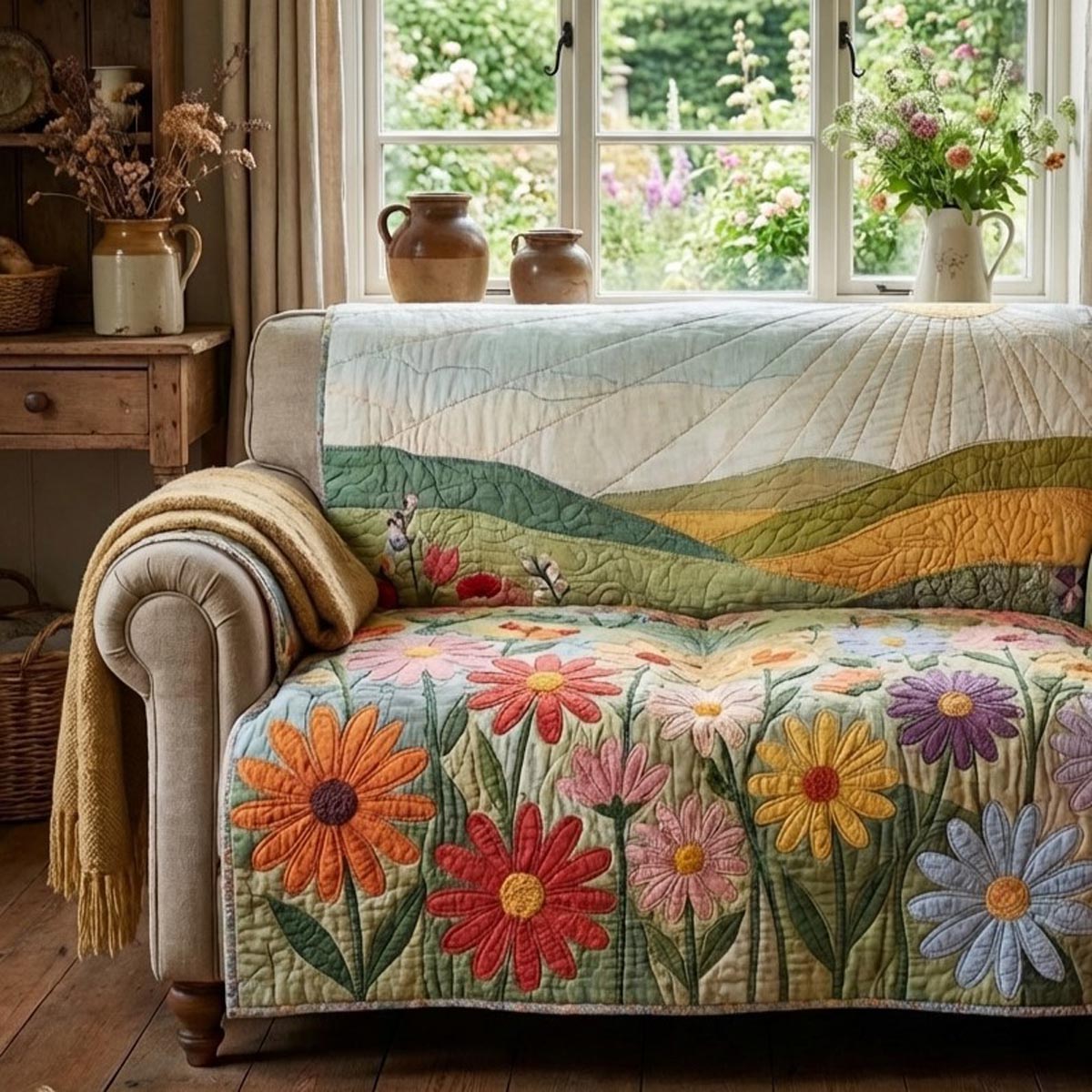 Golden Meadow Quilted Sofa Cover Indoor Home Room Decor Trendy Room Decor Gifts - Tradiviet