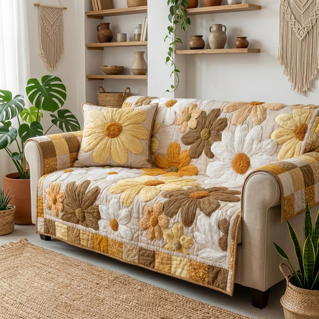 Golden Meadow Quilted Sofa Cover Sofa Slip Covers Gifts For Hippie Sister - Tradiviet