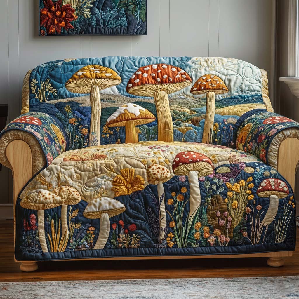 Golden Mycelium Quilted Sofa Cover Forest Home Couch Cover Cozy Housewarming Gift Ideas - Tradiviet