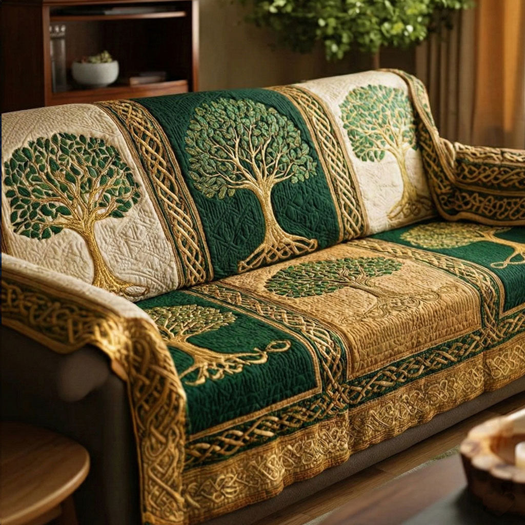 Golden Nature Roots Quilted Sofa Cover Cool Sofa Slipcovers Tree Of Life Gifts For Mom - Tradiviet