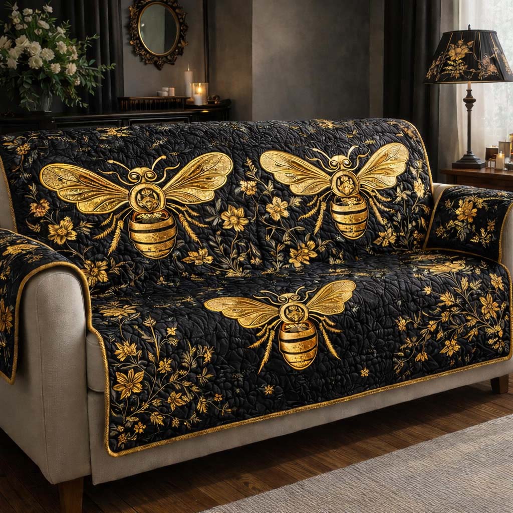 Golden Noir Bees Quilted Sofa Cover Garden Home Couch Cover Top Home Decor Gifts - Tradiviet