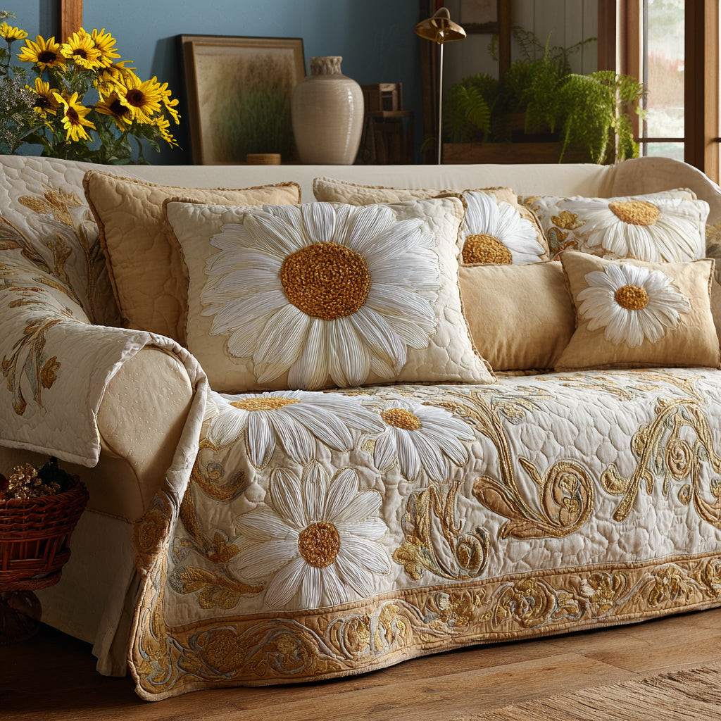Golden Petals Quilted Sofa Cover Large Couch Cover Daisy Flower Gifts - Tradiviet