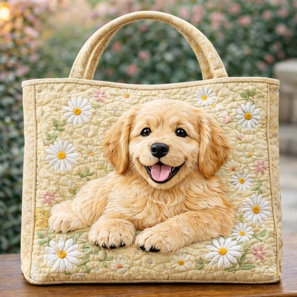 Golden Pup Daisy Quilted Tote Bag Cute Animal Bag Best Gifts For Dog Lovers - Tradiviet