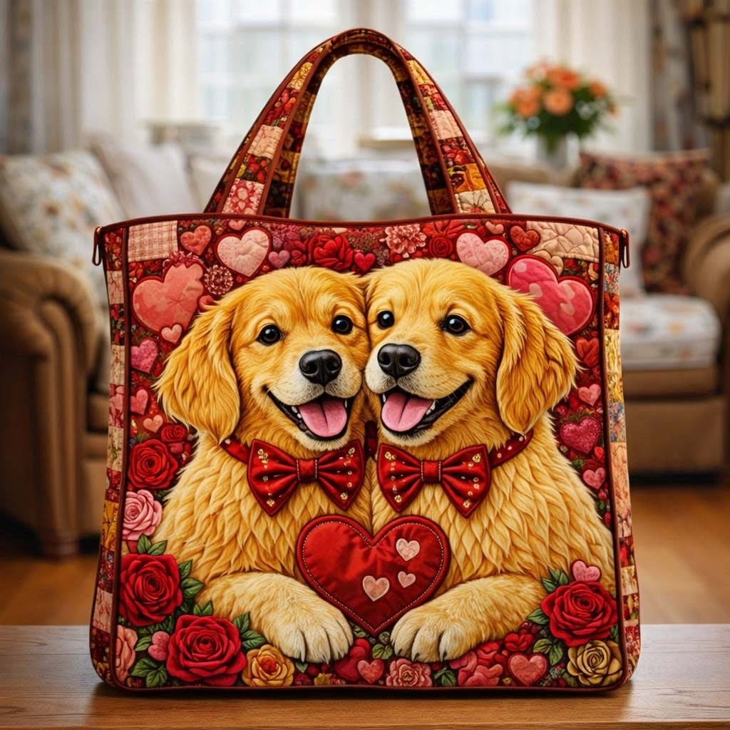 Golden Puppy Love Pari Quilted Tote Bag Valentines Day Gifts For Dog Lovers For Her - Tradiviet