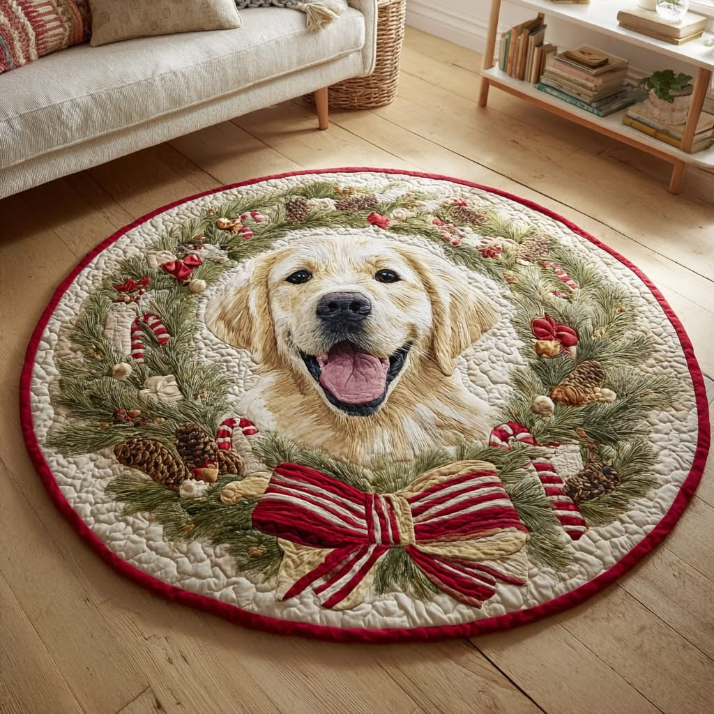 Golden Retriever Christmas Quilted Round Mat Circle Rug Decor Holiday Gifts For Him Her - Tradiviet
