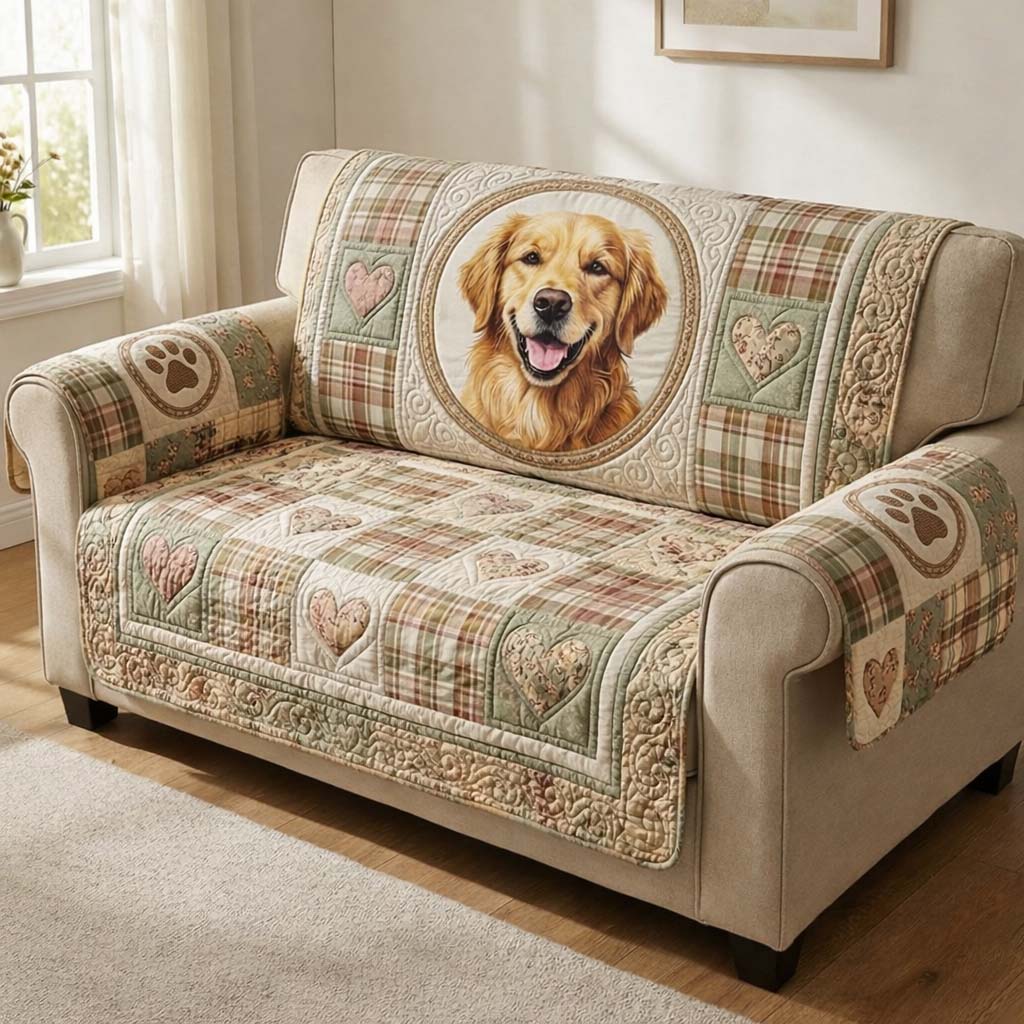 Golden Retriever Quilted Sofa Cover Pet Home Couch Cover Bear Gifts For Dad - Tradiviet