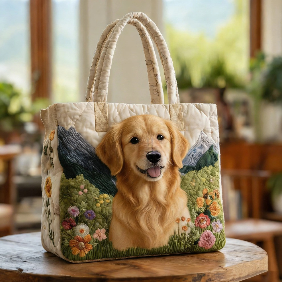 Golden Retriever Quilted Tote Bag Spring Floral Dog Totes Unique Golden Retriever Gifts - Tradiviet