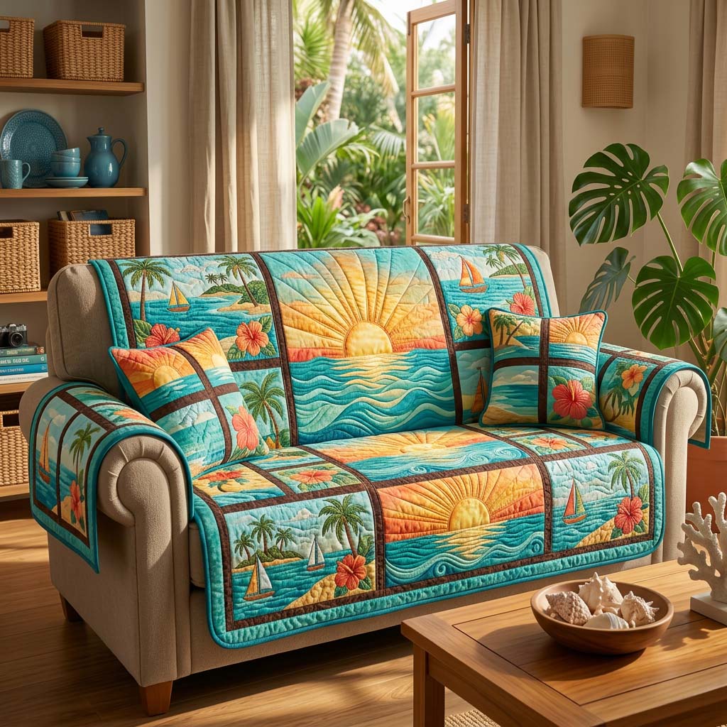 Golden Shore Quilted Sofa Cover Coastal Home Couch Cover Best Housewarming Gift Ideas - Tradiviet