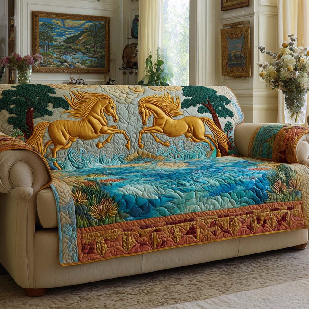 Golden Stallions Quilted Sofa Cover Cozy Room Decor Gift For Home Lover - Tradiviet