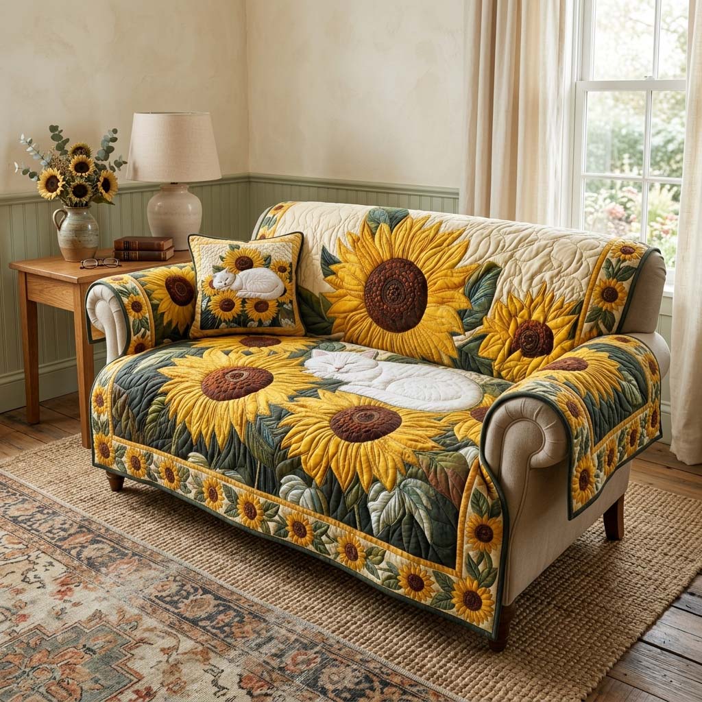 Golden Sun Quilted Sofa Cover Rustic Room Decor Present For Sunrise Lover - Tradiviet