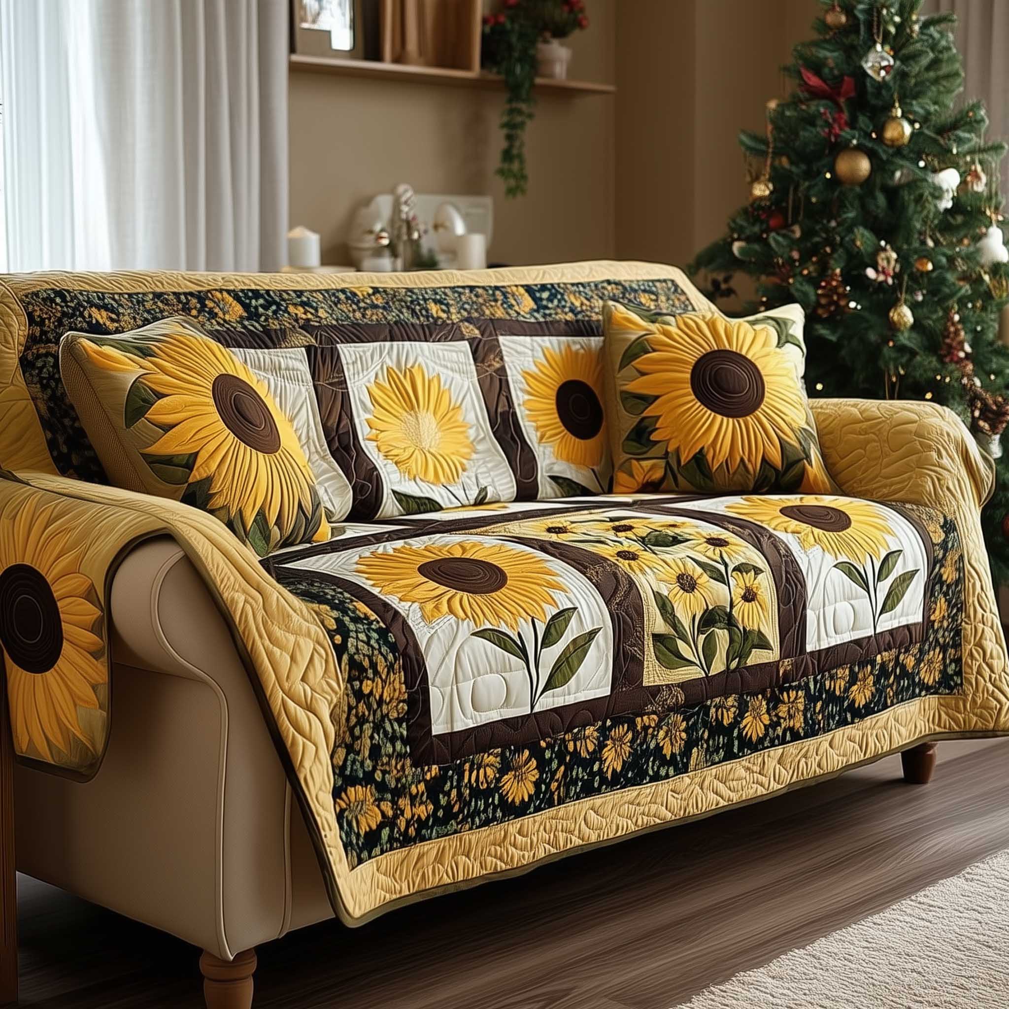 Golden Sunflower Meadow Quilted Sofa Cover Aesthetic Room Decor Gifts For Sun Fans - Tradiviet