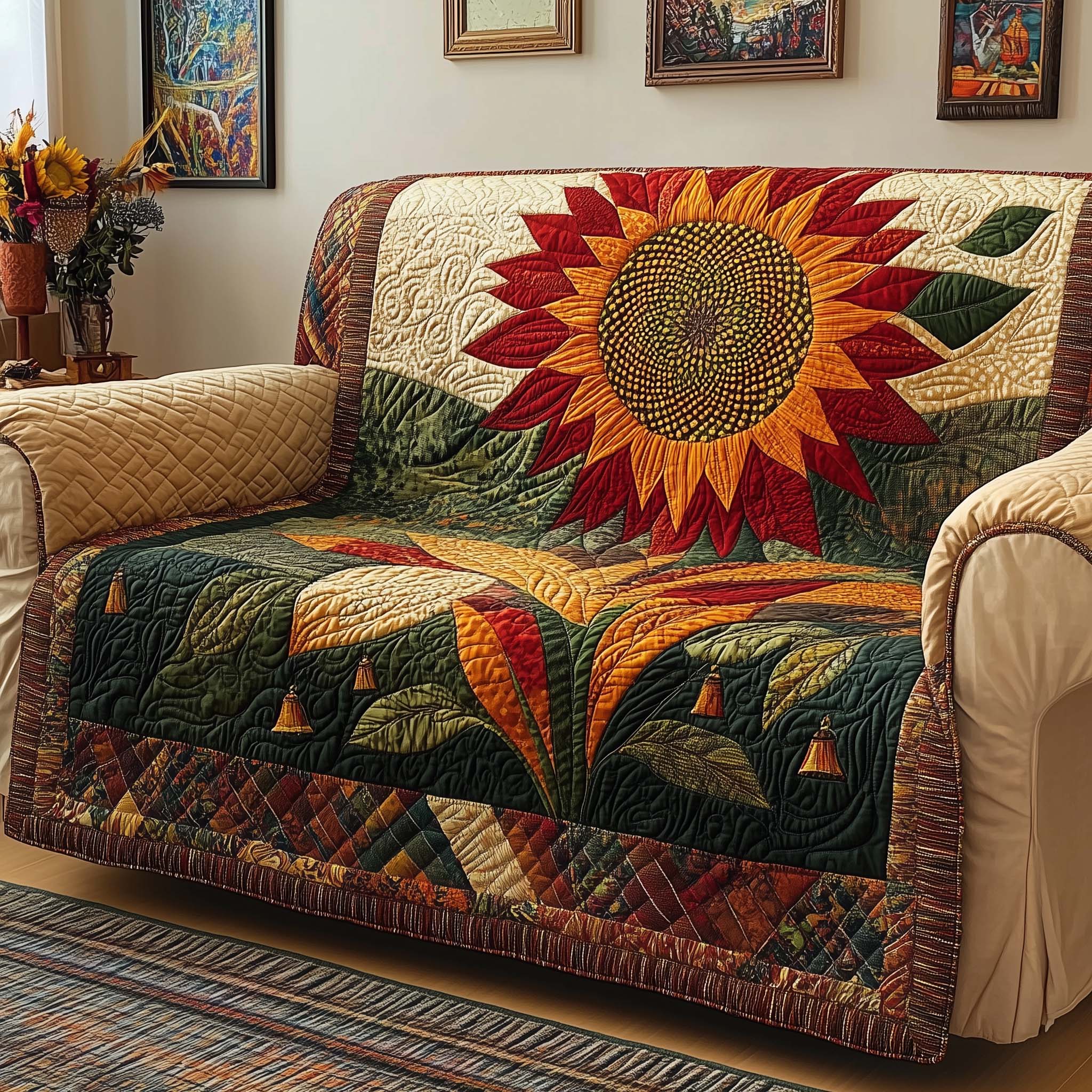 Golden Sunflower Quilted Sofa Cover Floral Home Couch Cover Gifts For Highland Cow Lovers - Tradiviet