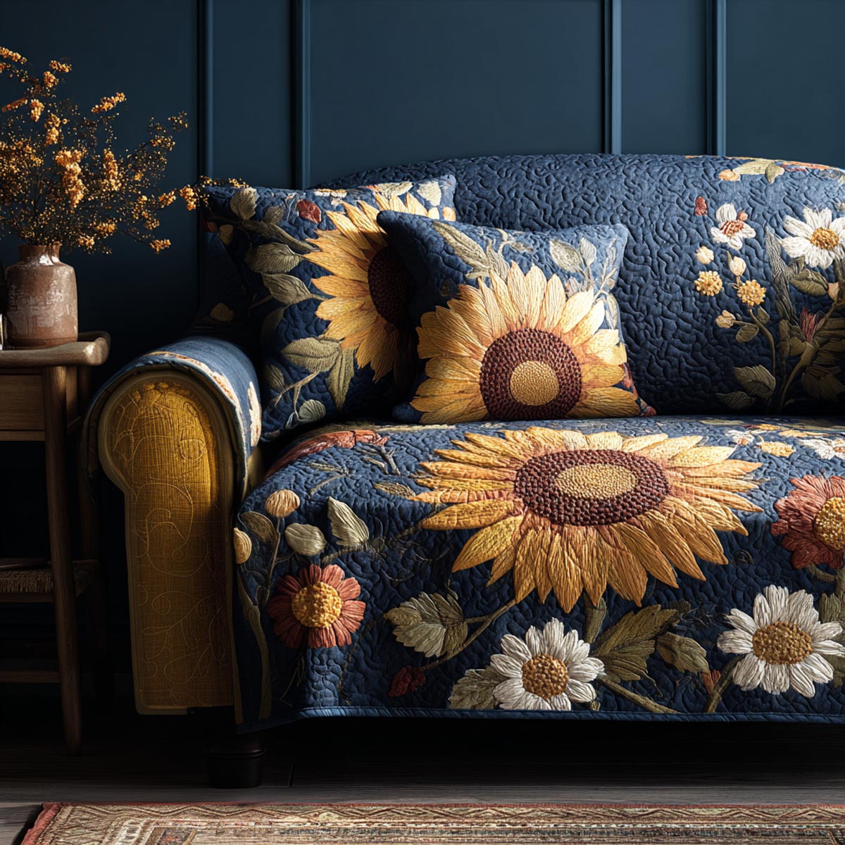 Golden Sunflowers Quilted Sofa Cover Warm Home Room Decor Present For Sunset Lover - Tradiviet