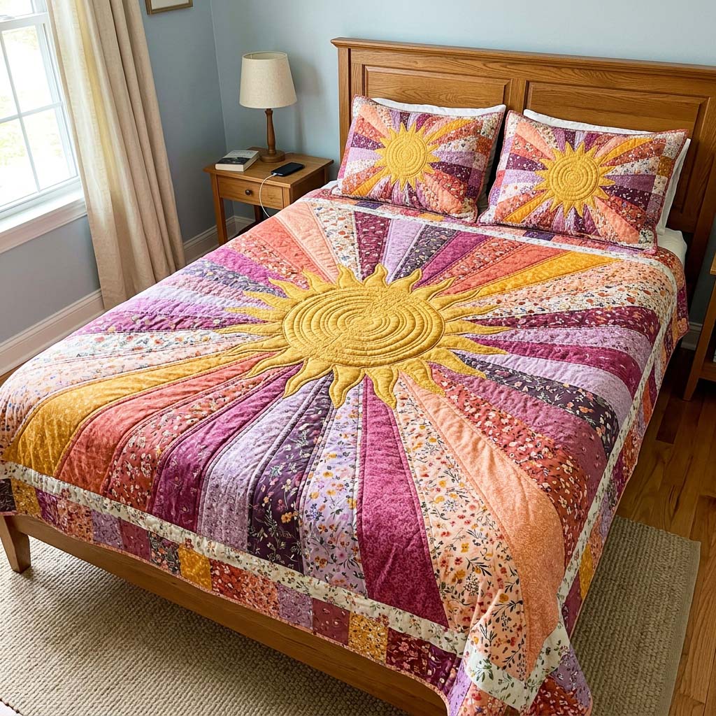 Golden Sunrise Quilted Bedding Set Golden Sunrise Artistry Gift For Sunrise Fans - Tradiviet