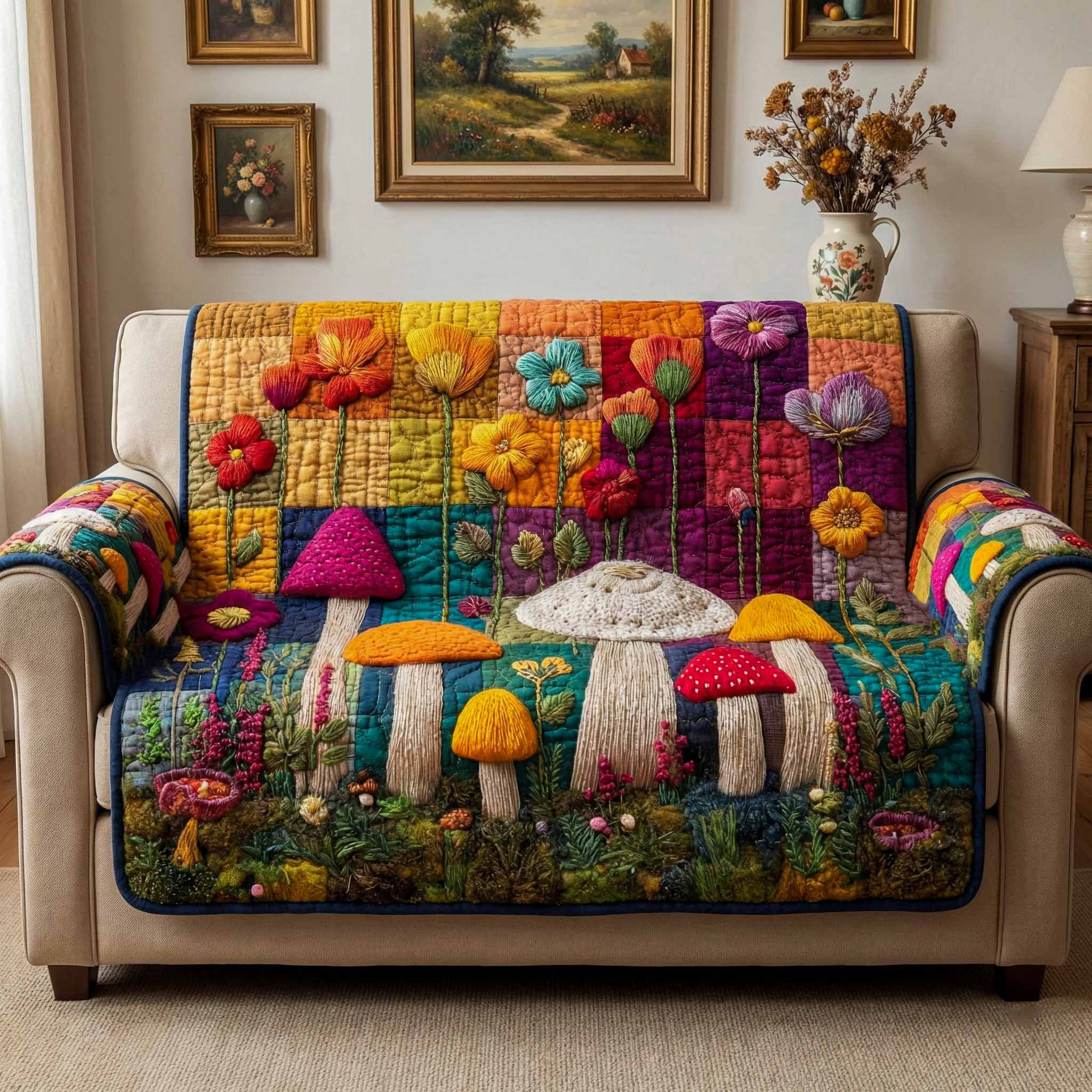 Golden Toadstools Quilted Sofa Cover Best Slip Covers For Furniture Mother' Day Special Gifts - Tradiviet