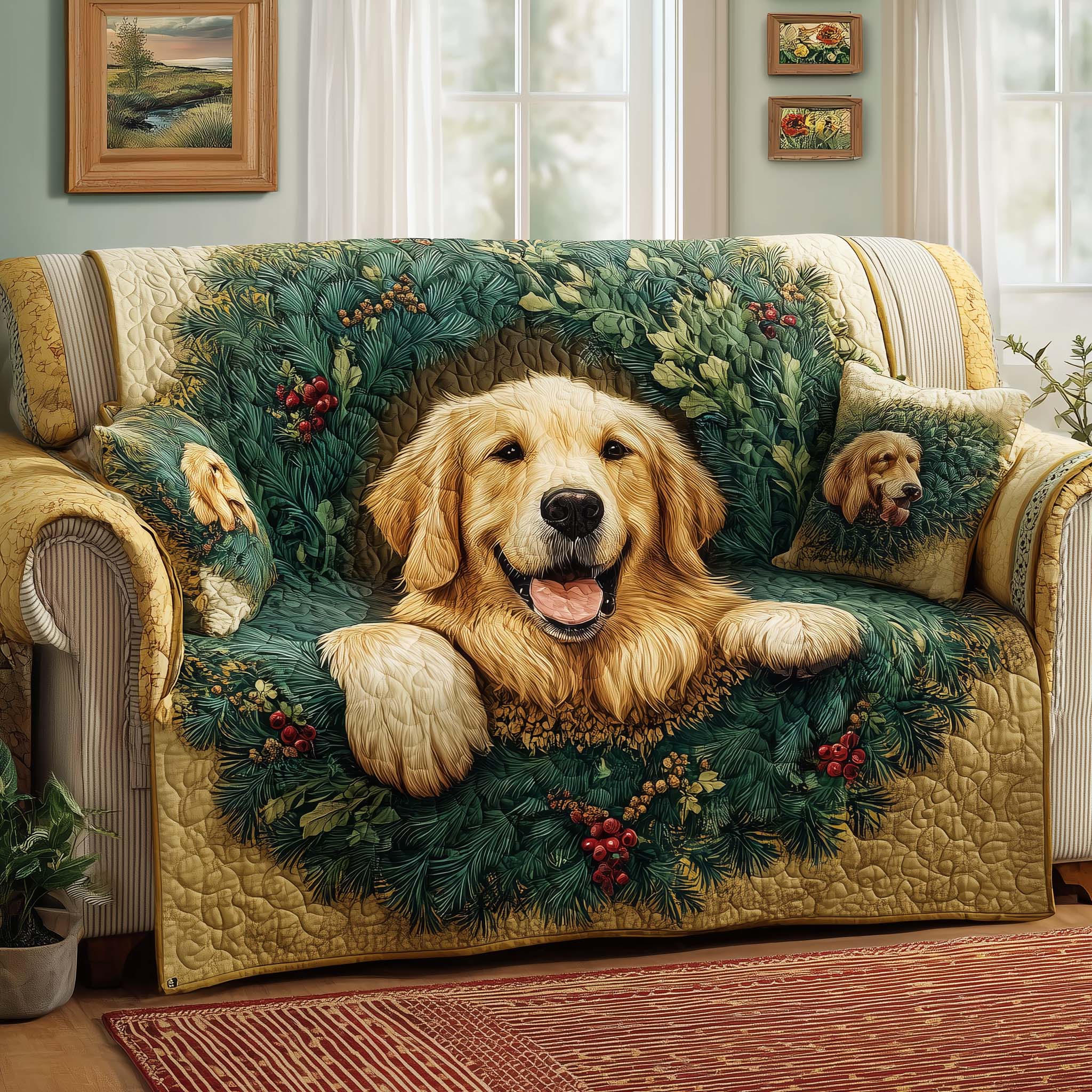 Golden Wreath Quilted Sofa Cover Christmas Home Couch Cover Best Home Decor Gifts - Tradiviet