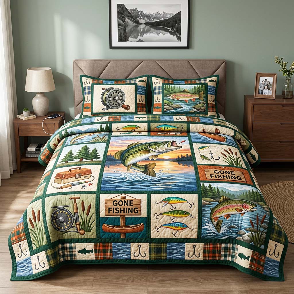 Gone Fishing Quilted Bedding Set Gone Fishing Joy Gift For Gone Fishing - Tradiviet