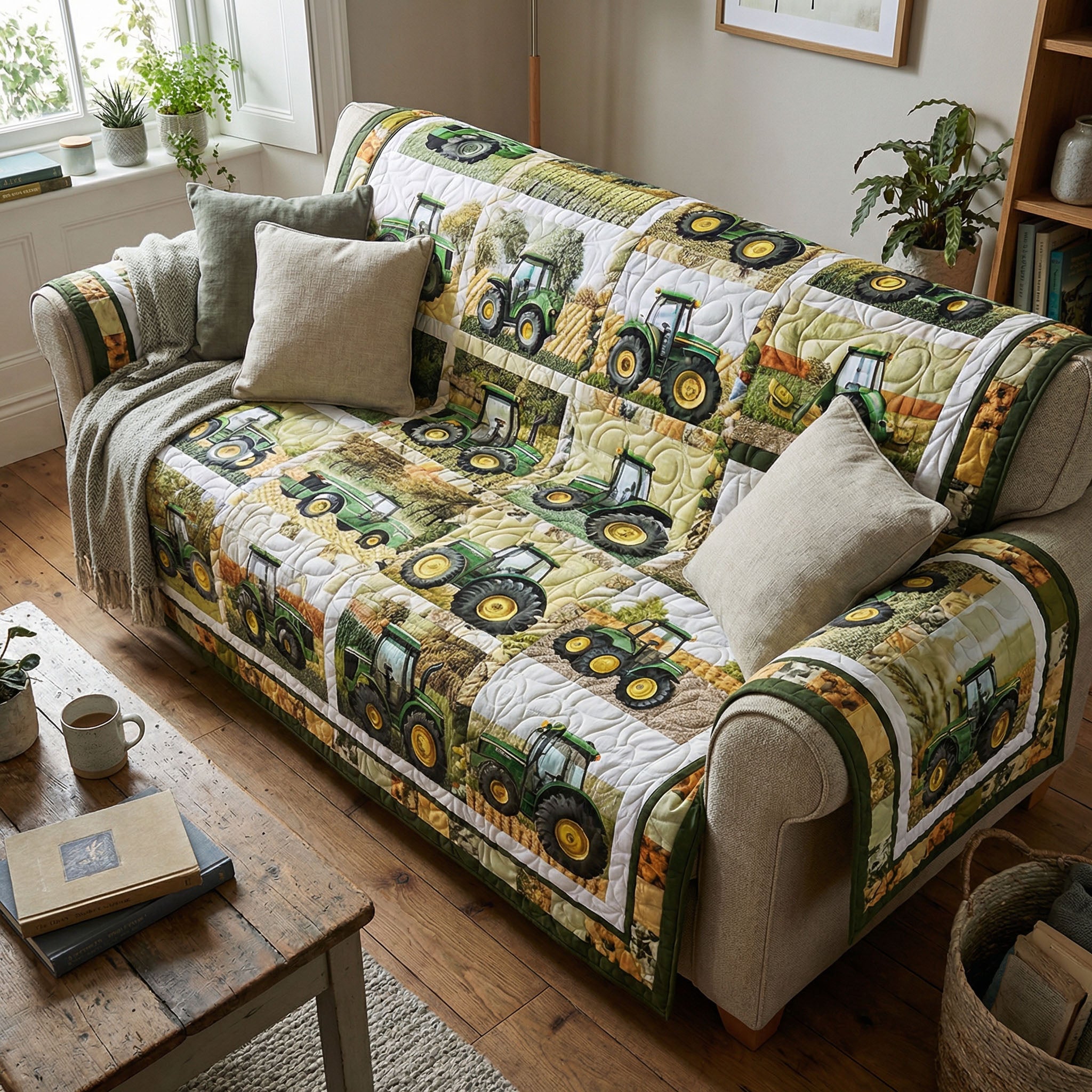 Green Acre Memories Quilted Sofa Cover Best Slip Cover Sofa Sunflower Gifts For Women - Tradiviet