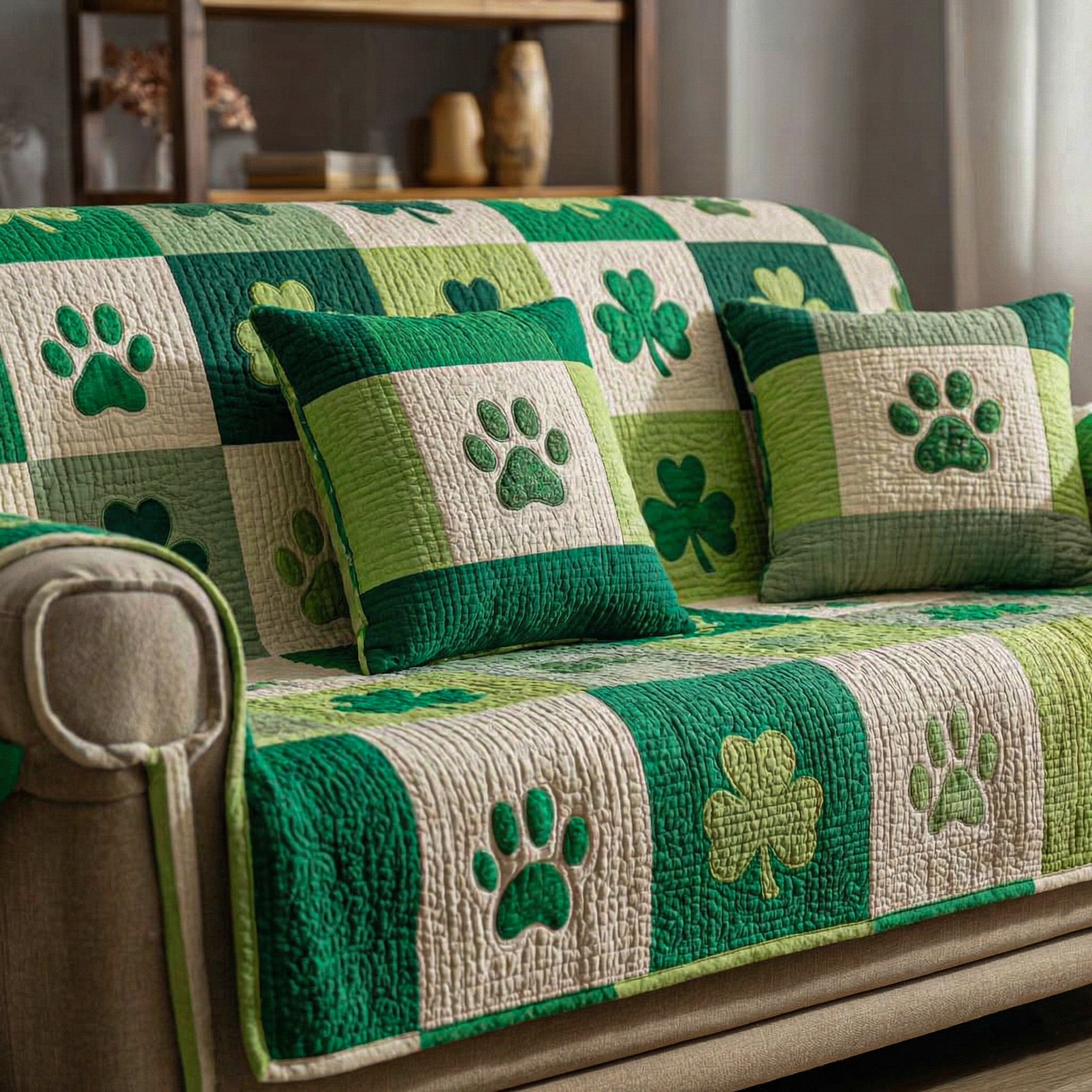 Green Clover Quilted Sofa Cover Sofa Saver Covers Dog Gift Items Merch - Tradiviet