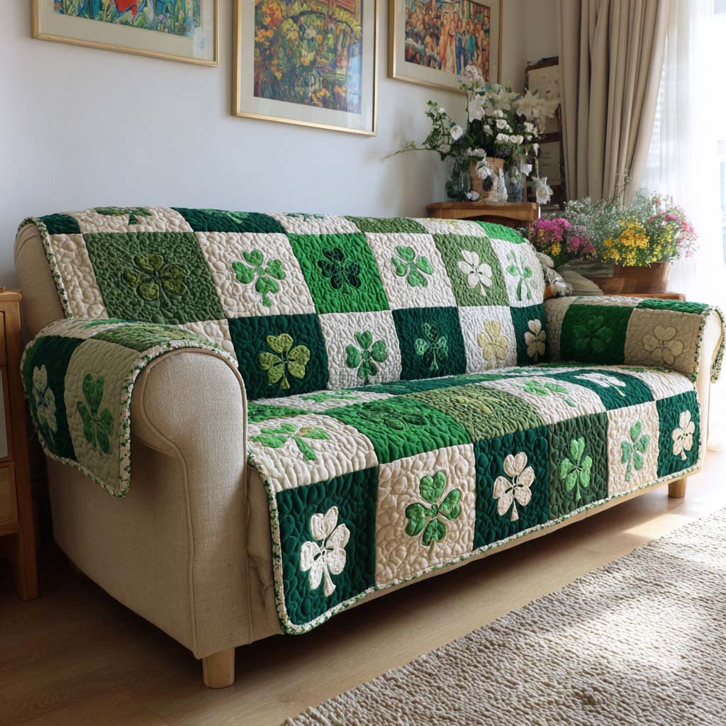 Green Fortune Quilted Sofa Cover Neutral Room Decor Gifts For New Homes - Tradiviet