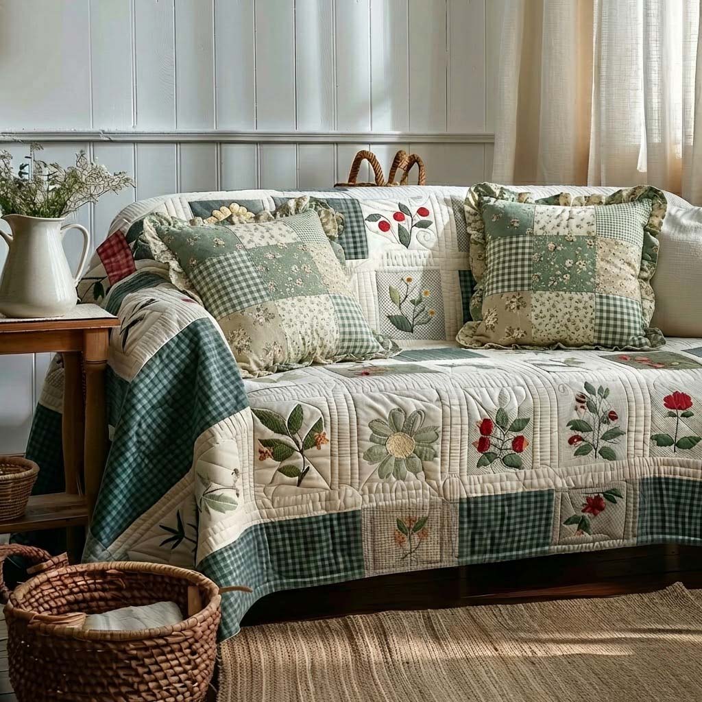 Green Gingham Garden Quilted Sofa Cover Farmhouse Room Decor Top Home Decor Gifts - Tradiviet