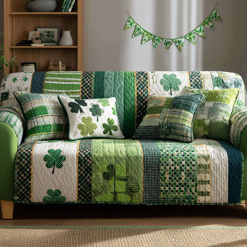 Green Luck Quilted Sofa Cover Sofa Protector St Patricks Day Birthday Gifts - Tradiviet