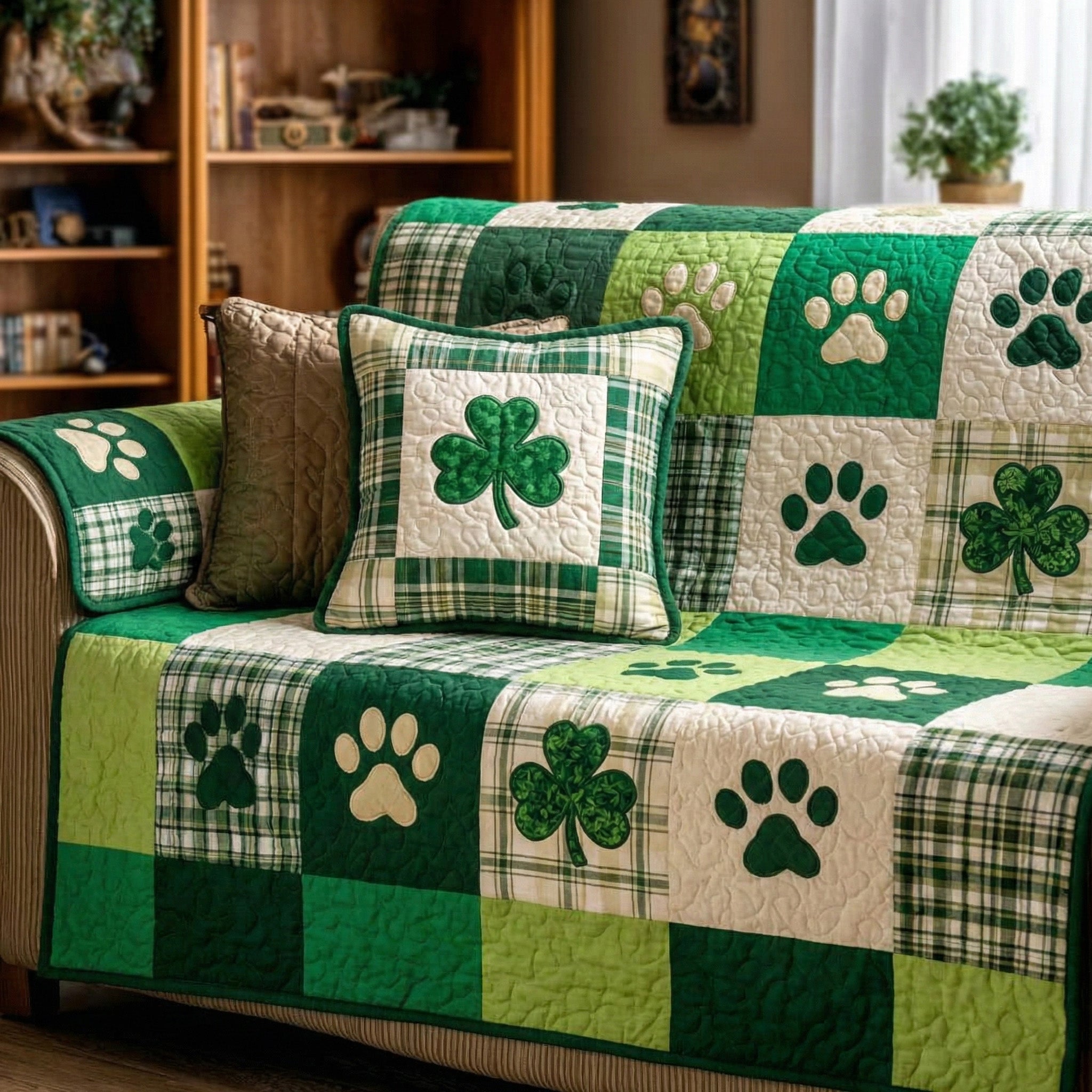 Green Meadow Quilted Sofa Cover Sofa Furniture Slip Covers Doggy Gifts For Humans - Tradiviet