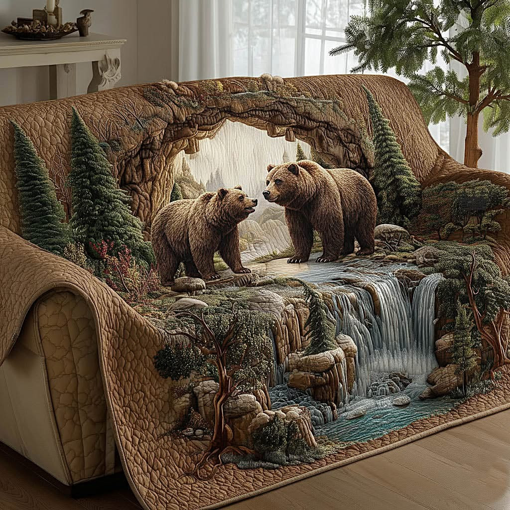 Grizzly Bear Couple Quilted Sofa Cover Living Room Decor Gifts For Bear Lovers - Tradiviet