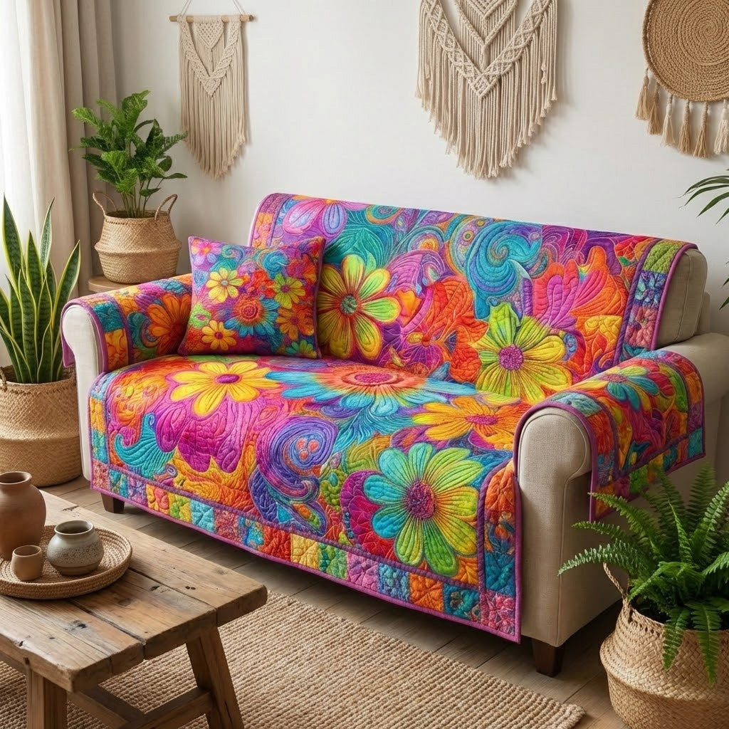 Groovy Bloomscape Quilted Sofa Cover Sofa Blanket Cover Gifts For Hippie Guys - Tradiviet