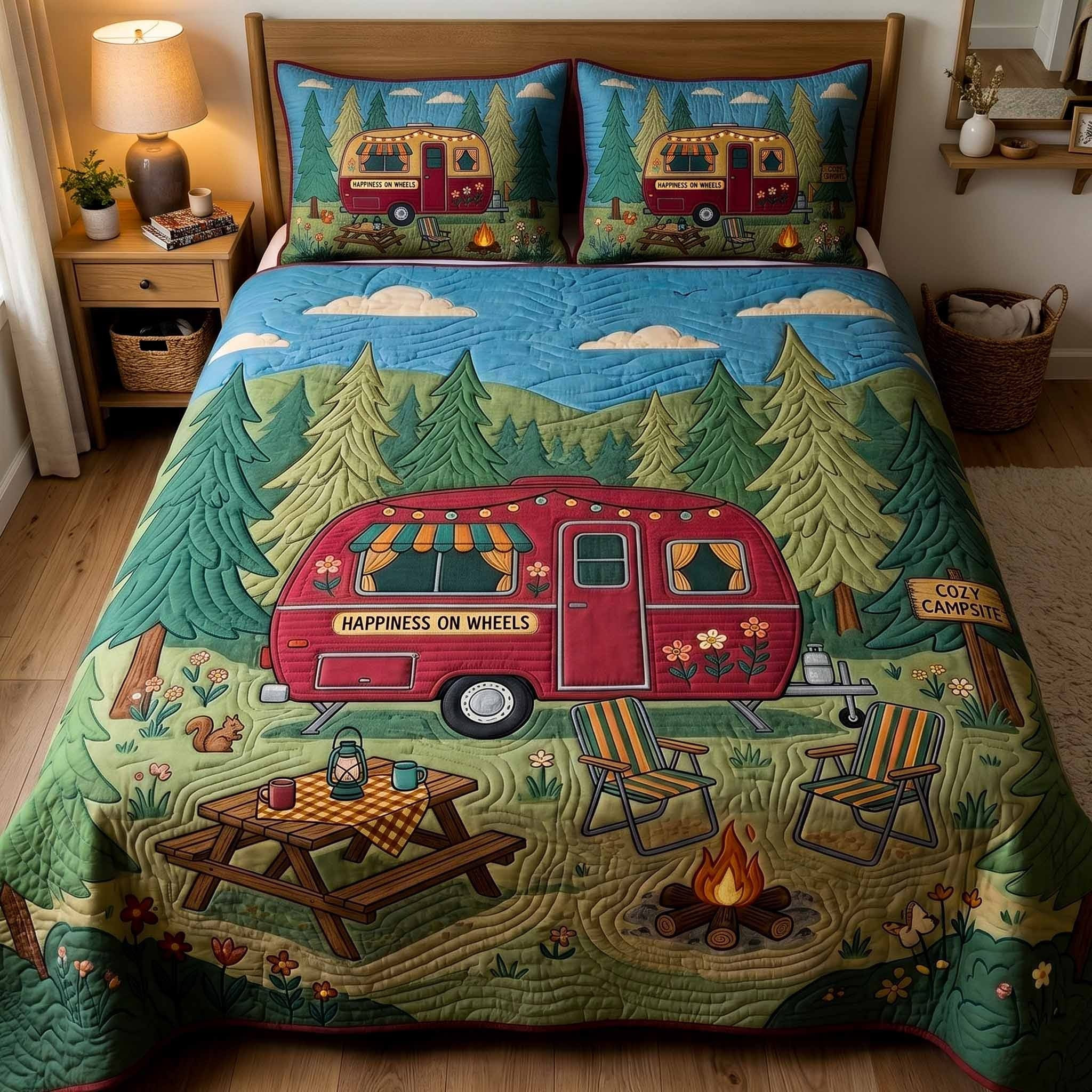 Happiness On Wheels Quilted Bedding Set Camping Duvet Cover Bedroom Nature Lovers Gift - Tradiviet