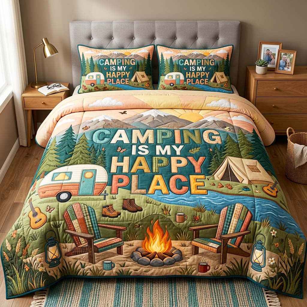 Happy Camping Quilted Bedding Set Happy Camping Home Gift For Camping - Tradiviet