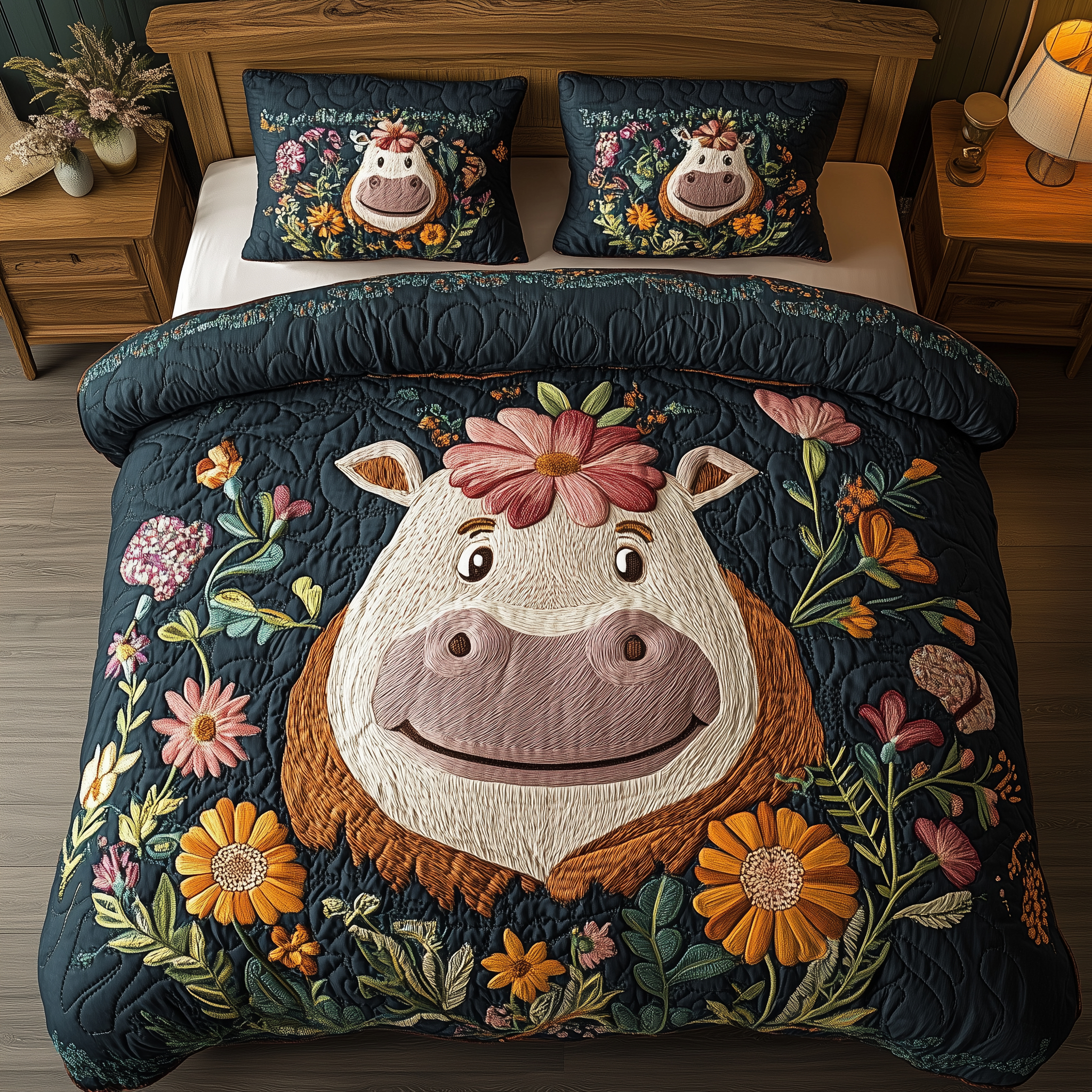 Happy Flower Hippo Quilted Bedding Set Happy Flower Tone Gift For Happy Flower - Tradiviet