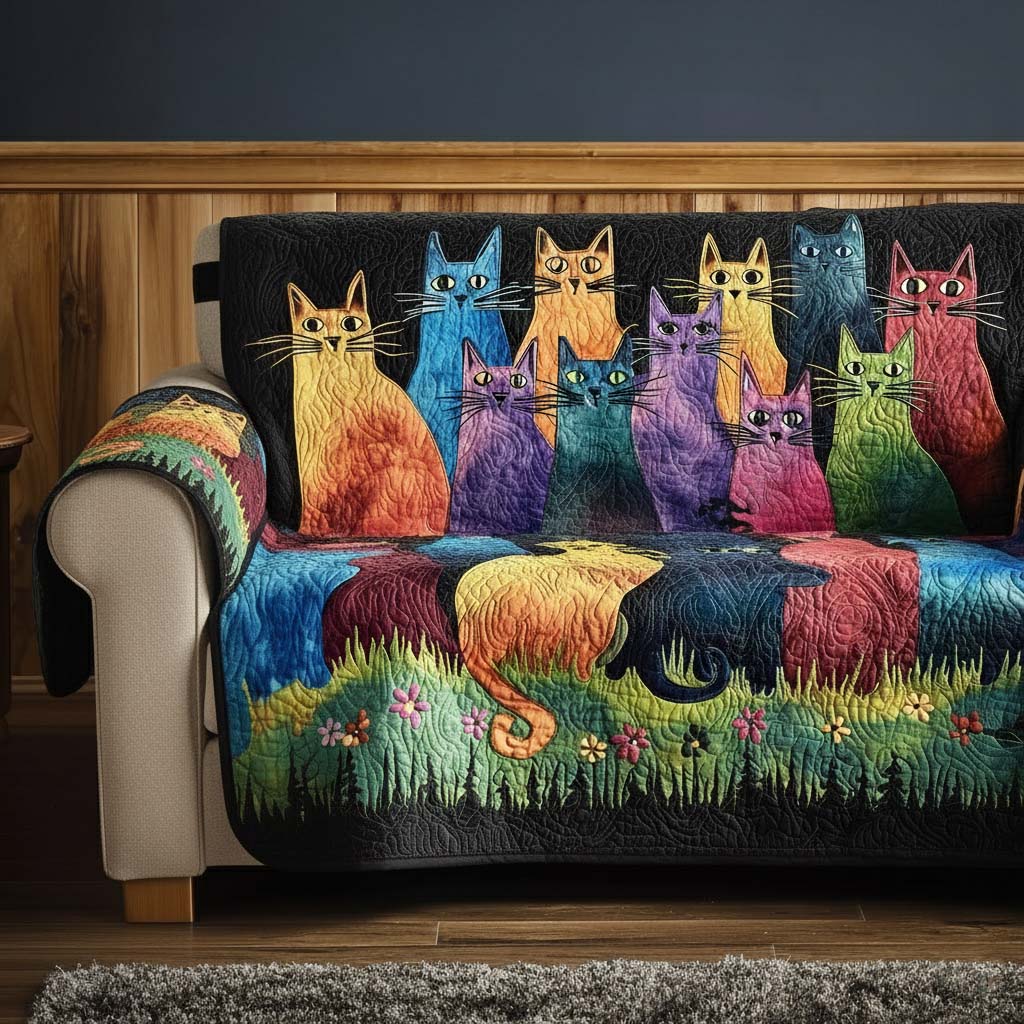Happy Meow Quilted Sofa Cover Rustic Home Room Decor Home Gift For Her - Tradiviet