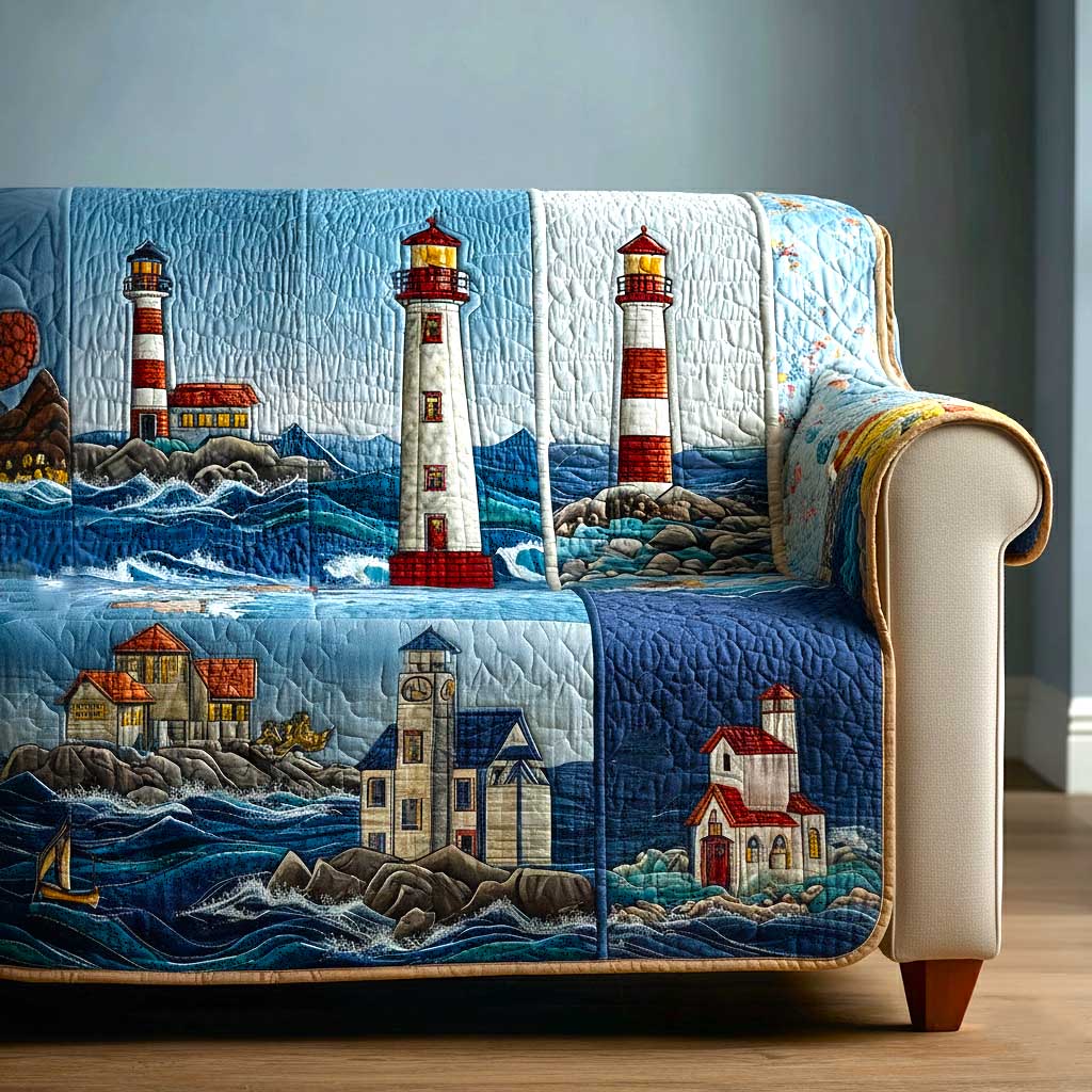 Harbor Light Quilted Sofa Cover Coastal Home Couch Cover Unique Home Decor Gifts - Tradiviet