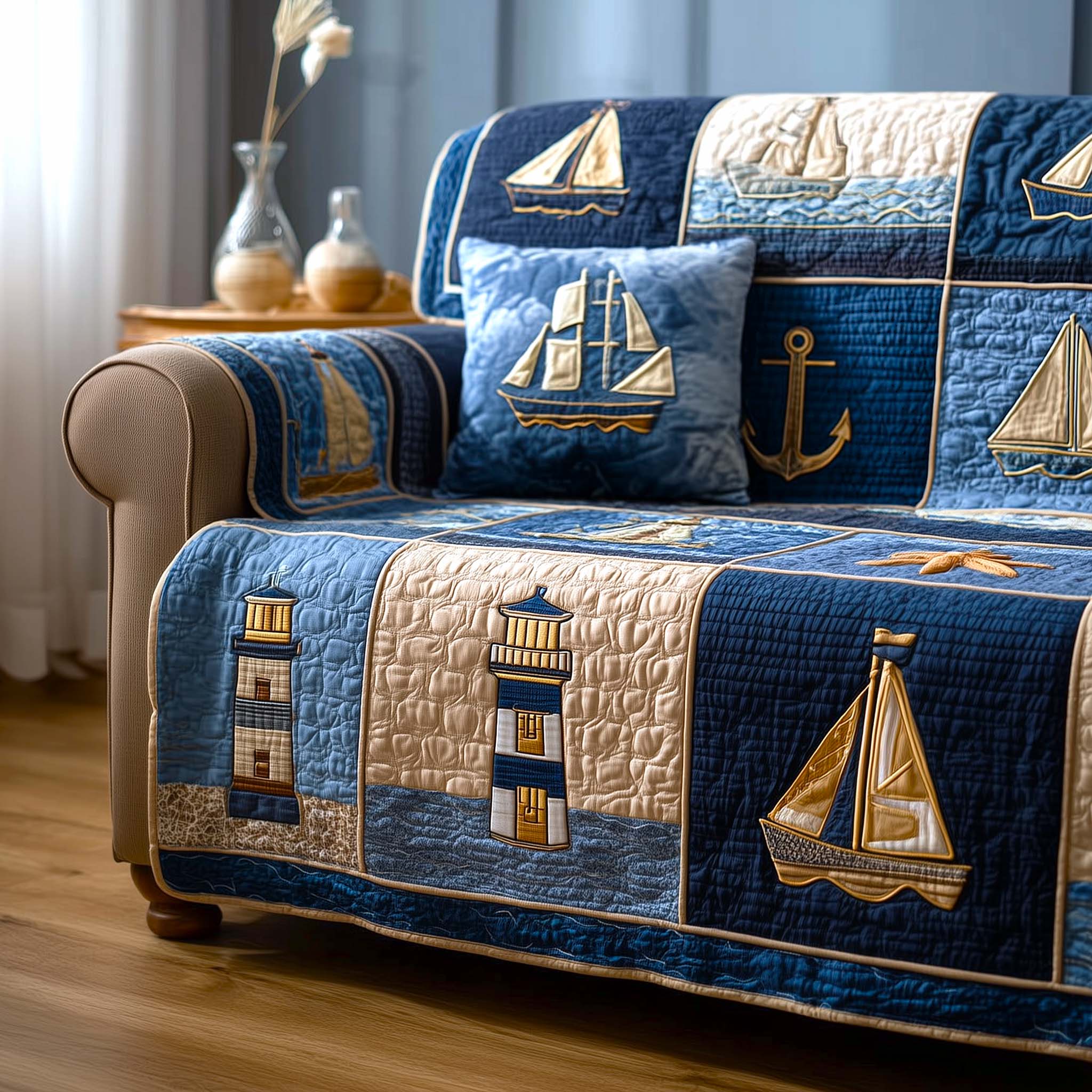 Harbor Light Quilted Sofa Cover Coastal Home Couch Cover Unique Room Decor Gifts - Tradiviet