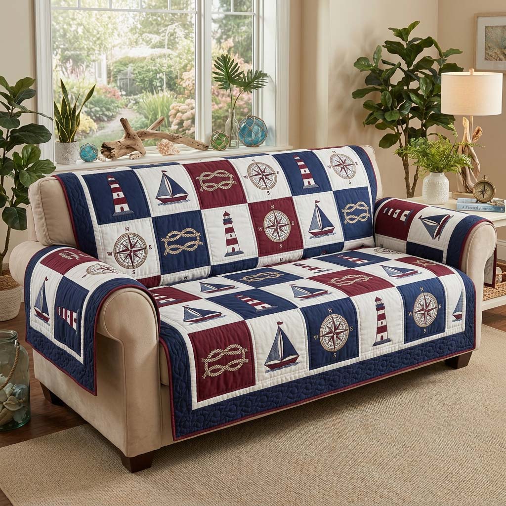 Harbor Patchwork Quilted Sofa Cover Coastal Home Couch Cover Room Decor Gift Ideas - Tradiviet