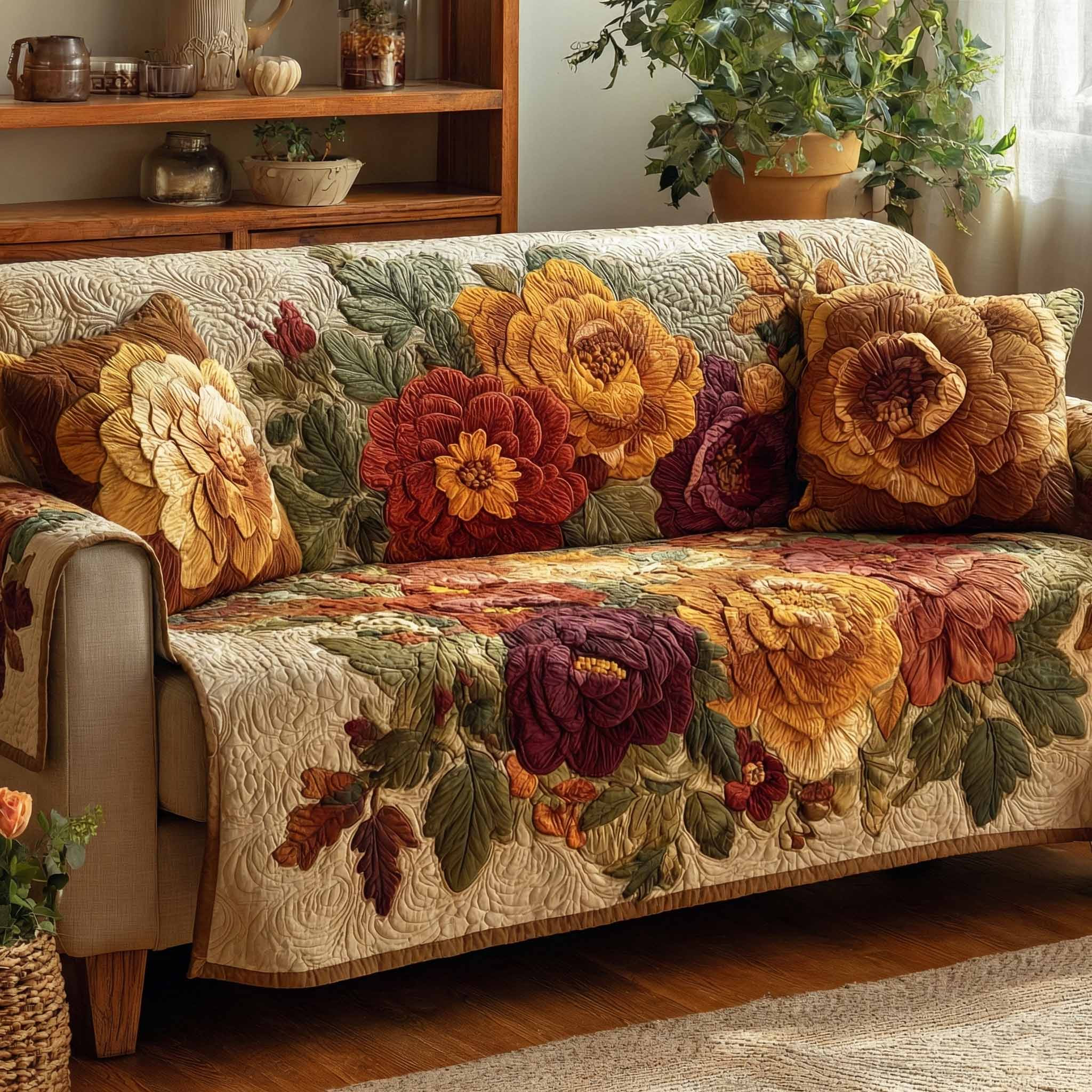 Harvest Blooms Quilted Sofa Cover Furniture Slipcovers For Sofas Gift Ideas For Mother In Law - Tradiviet